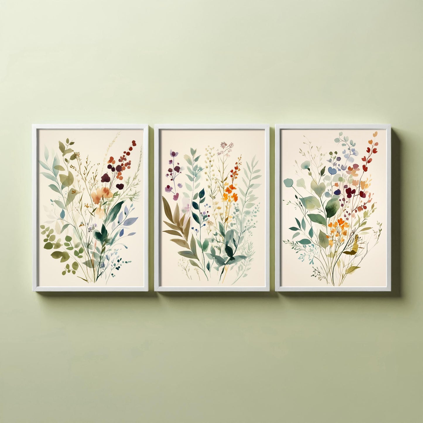 Vintage Floral Set of Three Art Prints | Sage Green Burgundy Wildflower Watercolour Poster V9