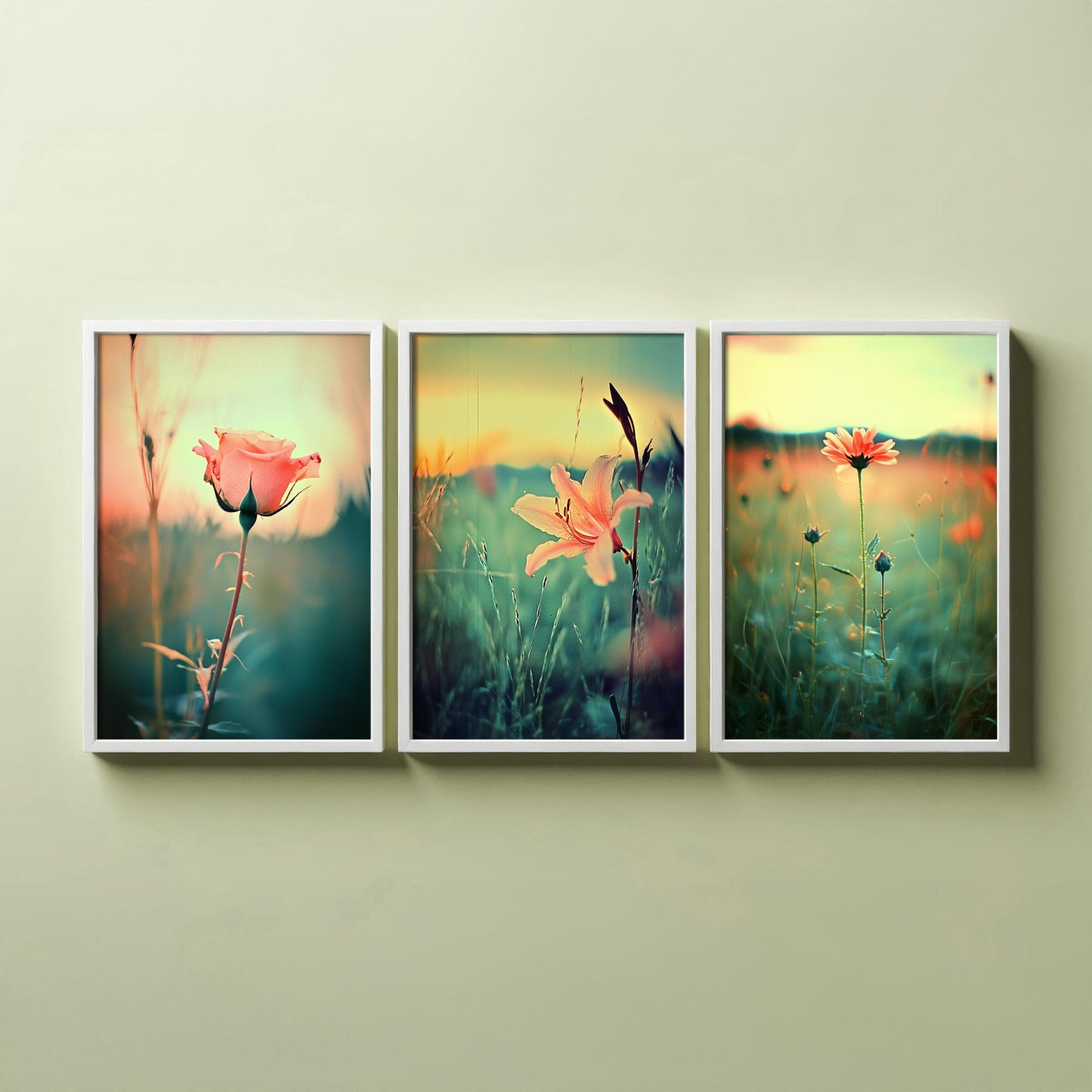 Golden Hour Set of Three Art Prints | Rose Lily Daisy Wildflower Field Photo Poster