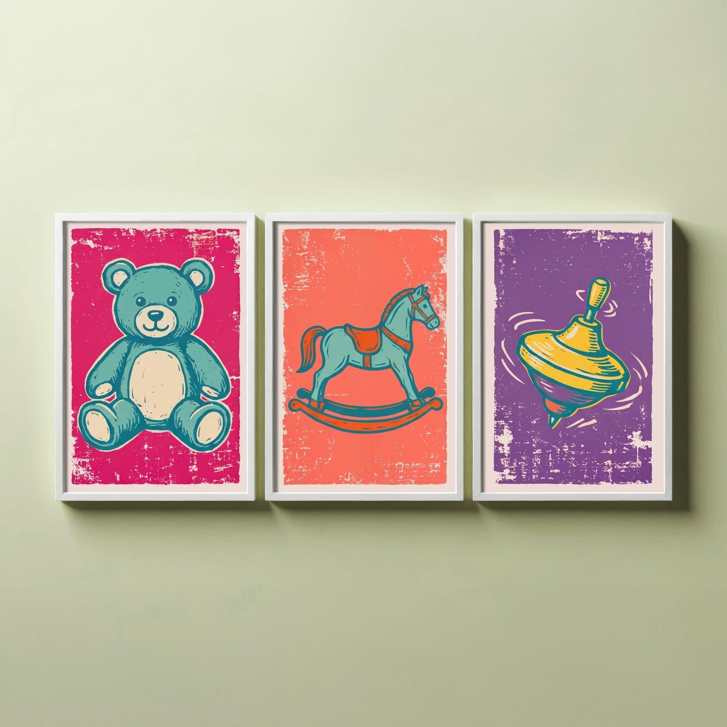 Teddy Bear, Rocking Horse and Spinning Top - Set of Three Vintage Toys Art Prints - Linocut Illustrations - Nursery Posters V1