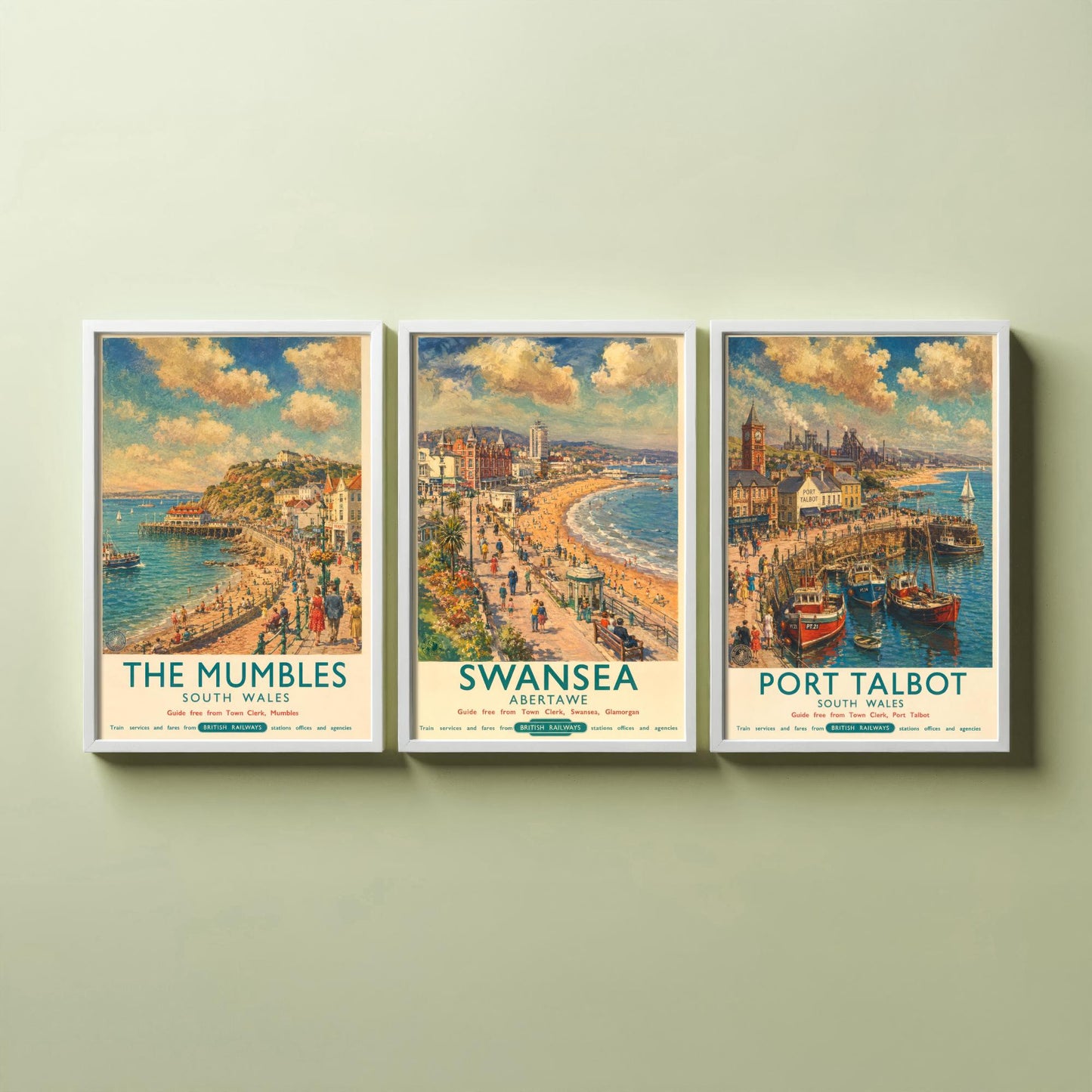 The Mumbles Swansea Port Talbot Set of Three Art Prints | Vintage Wales Seaside Painting Poster