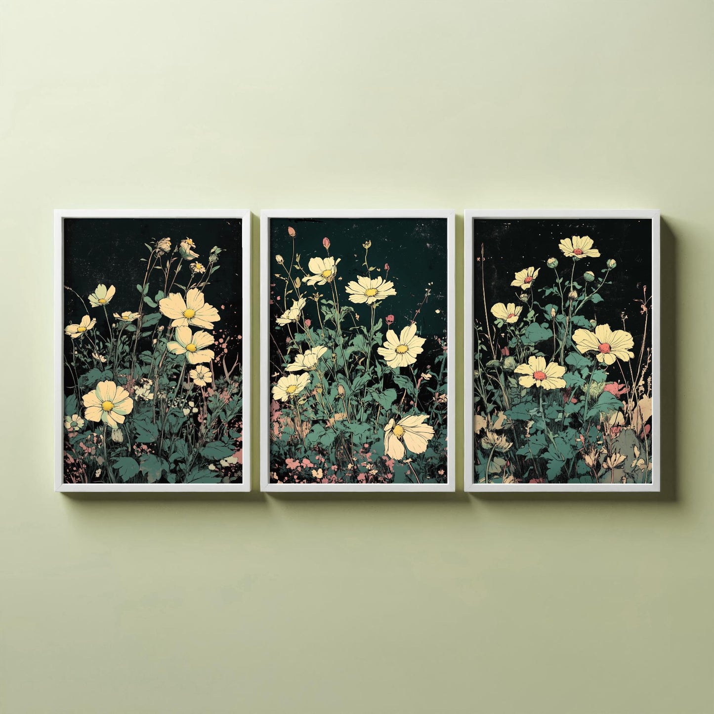 Wildflower Daisies Set of Three Art Prints | Moody Dark Botanical Illustration Poster