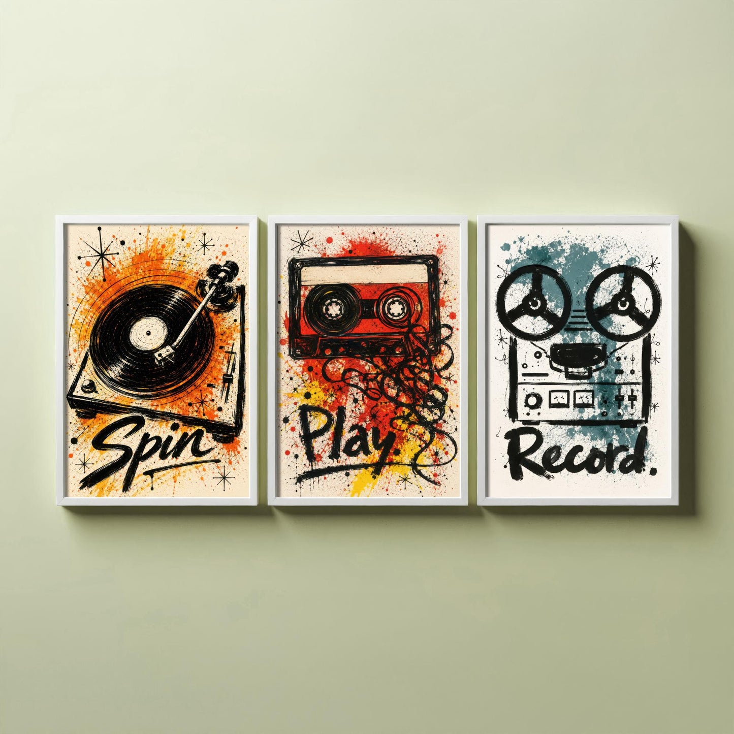 Vinyl Music Set of Three Art Prints - Spin, Play, Record - Turntable, Cassette, Tape Poster Illustration Gift Decor