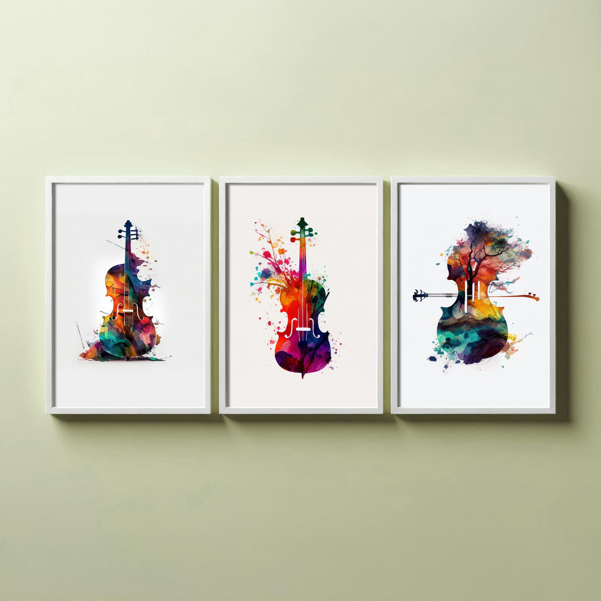 Rainbow Violin Watercolour Set of Three Art Prints - Paint Splash Violin, Blossom Violin, Tree Landscape Violin - Music Poster