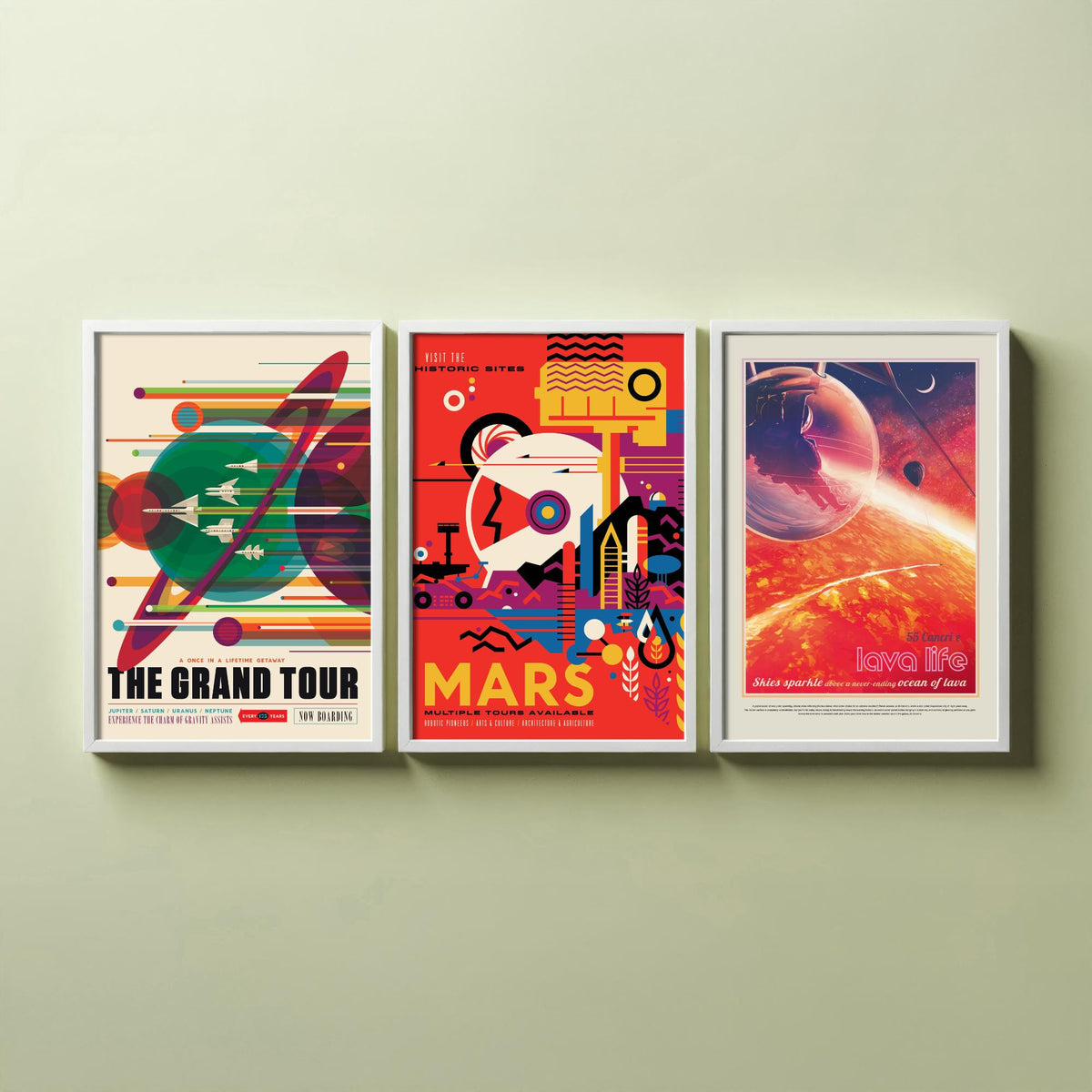 Visions of the Future Space Travel Set of Three Art Prints - The Grand Tour, Mars, 55 Cancri e Lava Life - Retro Poster Illustration