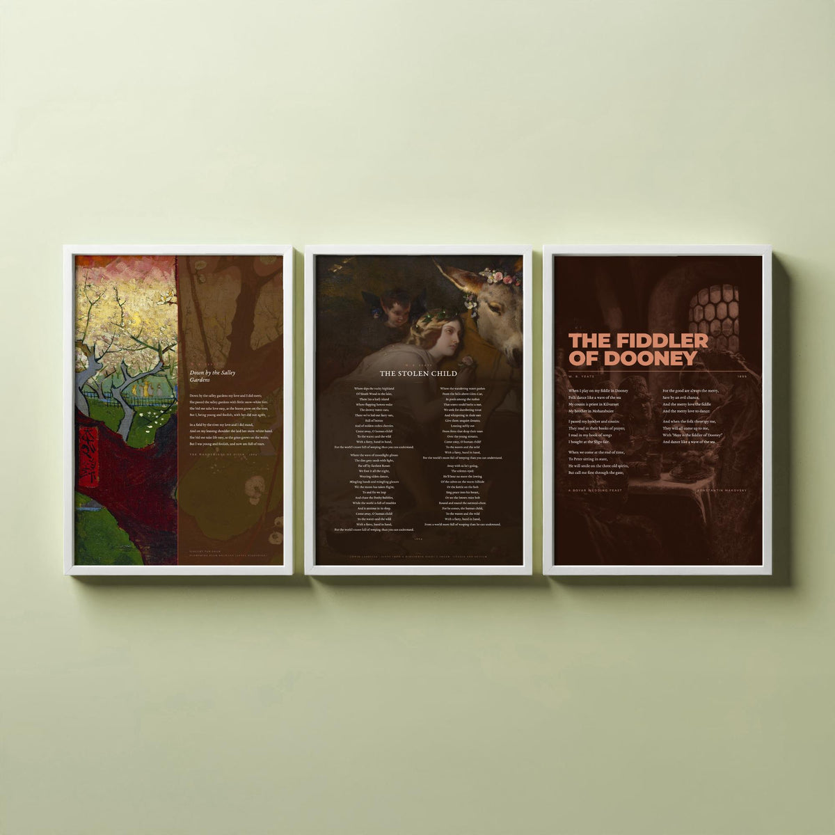 Yeats Set of Three Art Prints - Down by the Salley Gardens, The Stolen Child, The Fiddler of Dooney - Full Poems over Paintings Poster V1