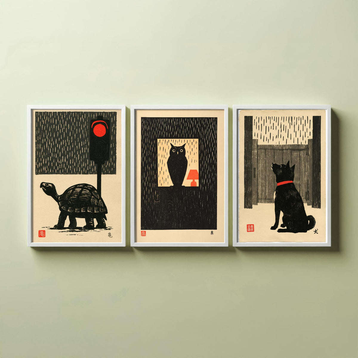 Waiting in the Rain Set of Three Art Prints - Tortoise, Owl and Dog - Japanese Linocut Woodblock Posters, Black and Red Kanji Prints V2