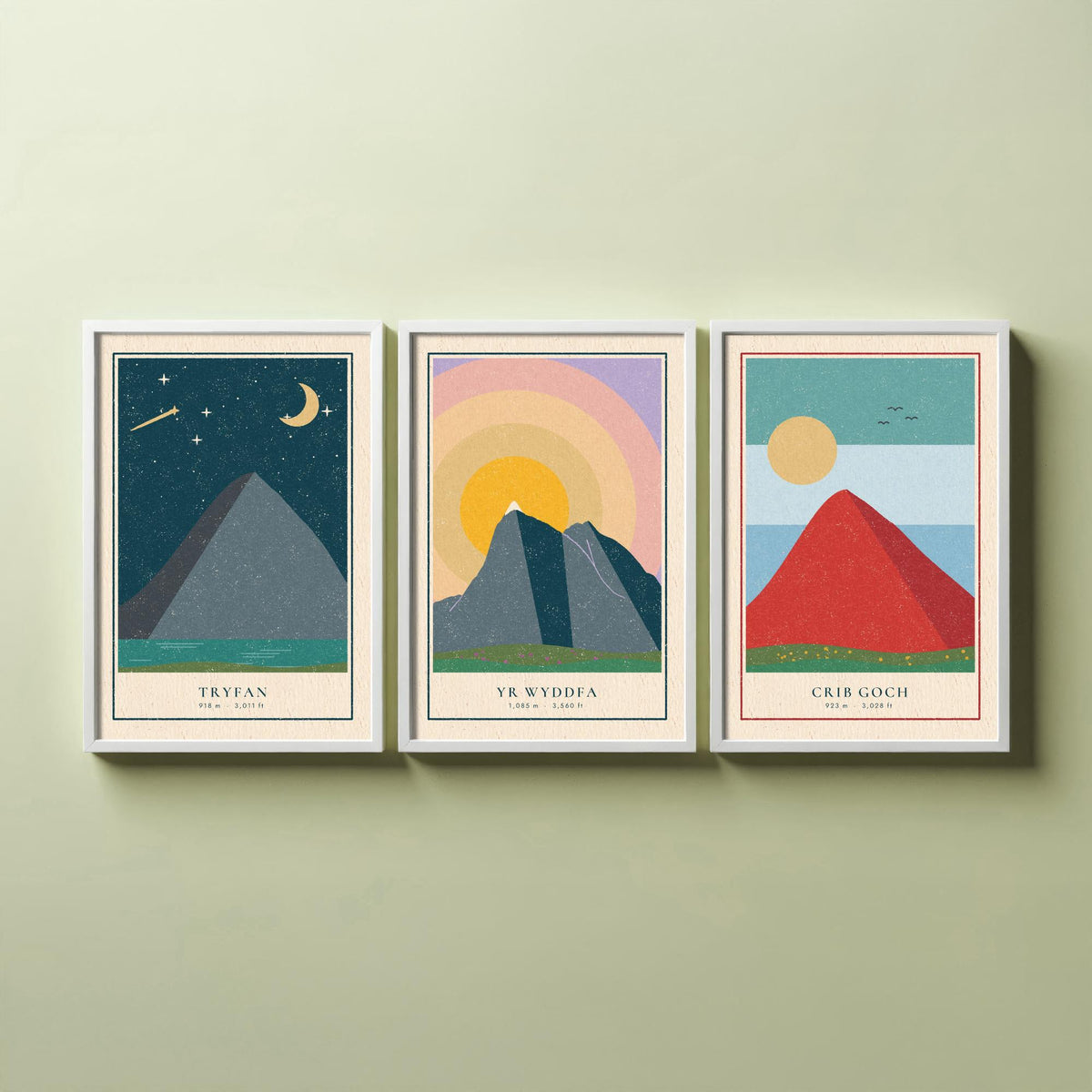 Welsh Mountain Set of Three Art Prints - Tryfan, Yr Wyddfa, Crib Goch - Linocut Style Poster Illustration V1