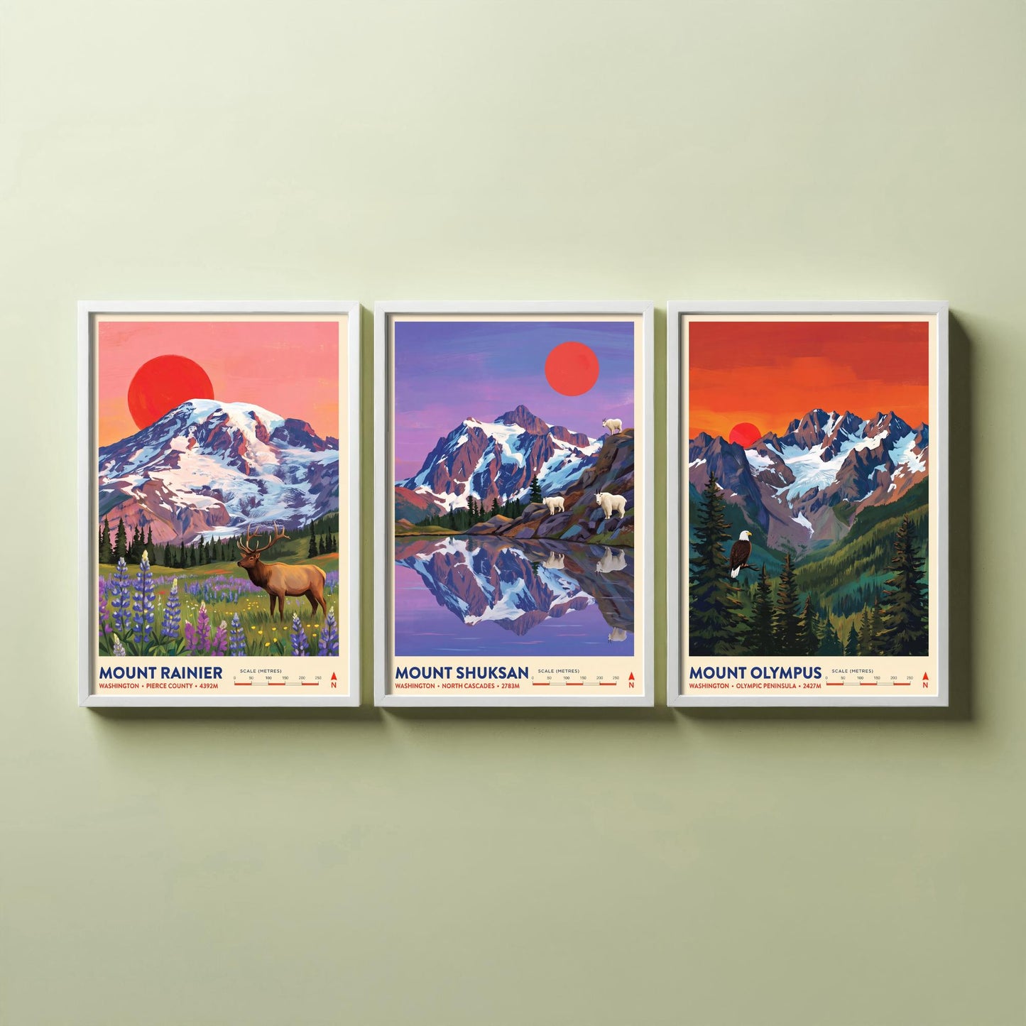 Washington Peaks Set of Three Art Prints - Mount Rainier, Mount Shuksan, Mount Olympus - USA Mountain Travel Posters - Painting