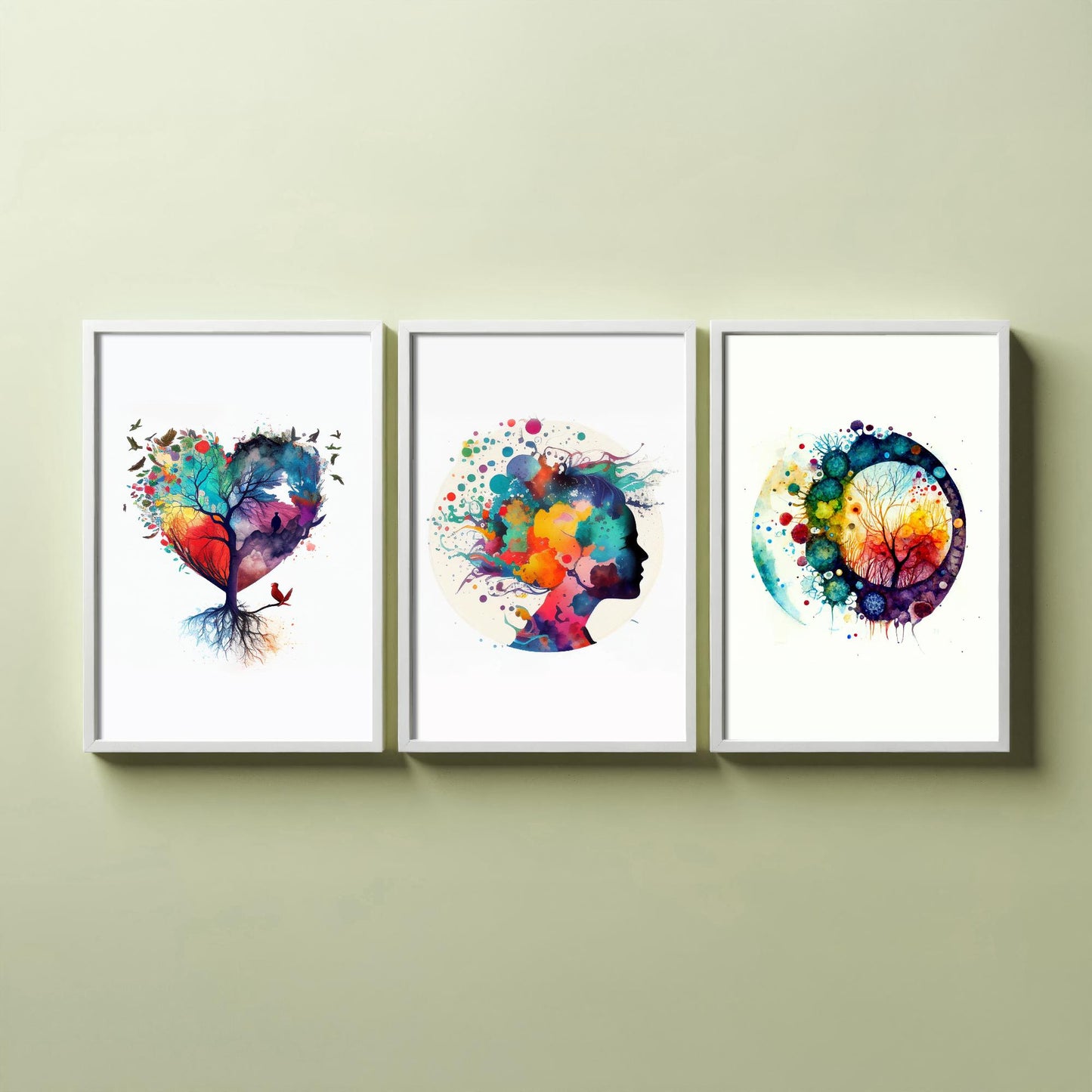 Colourful Mind Set of Three Art Prints - Heart Tree Woman Silhouette Microbiology Cells - Psychology Watercolour Poster