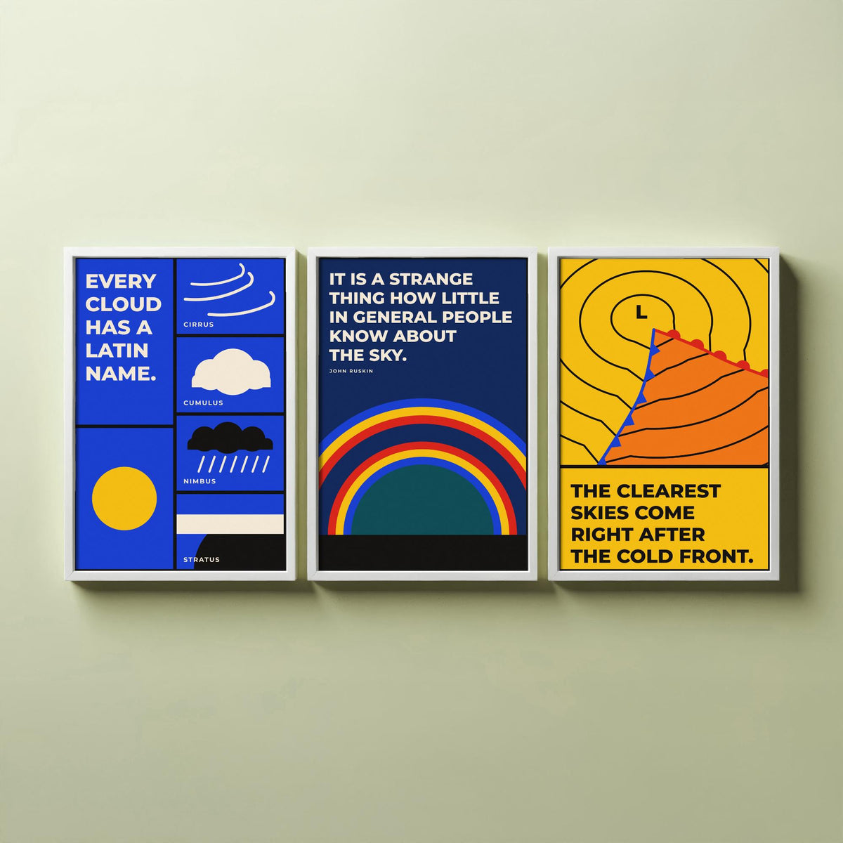 Weather Quotes Set of Three Art Prints - 3 Bauhaus Meteorology Clouds Posters - Minimalist Science Wall Art Illustration V1
