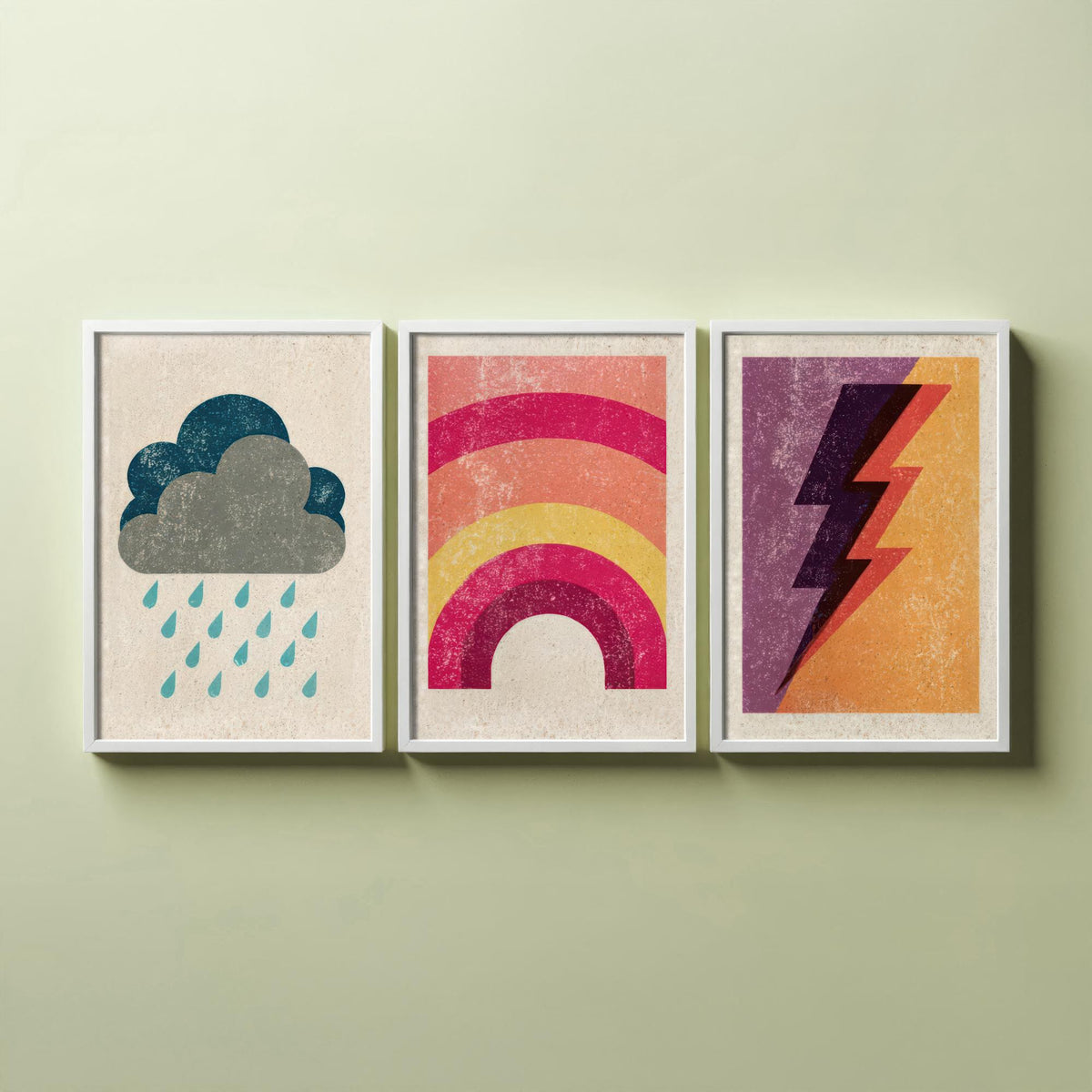 Retro Weather Set of Three Art Prints - Rain Cloud, Rainbow, Lightning Bolt - Minimalist Linocut Poster Illustration V1