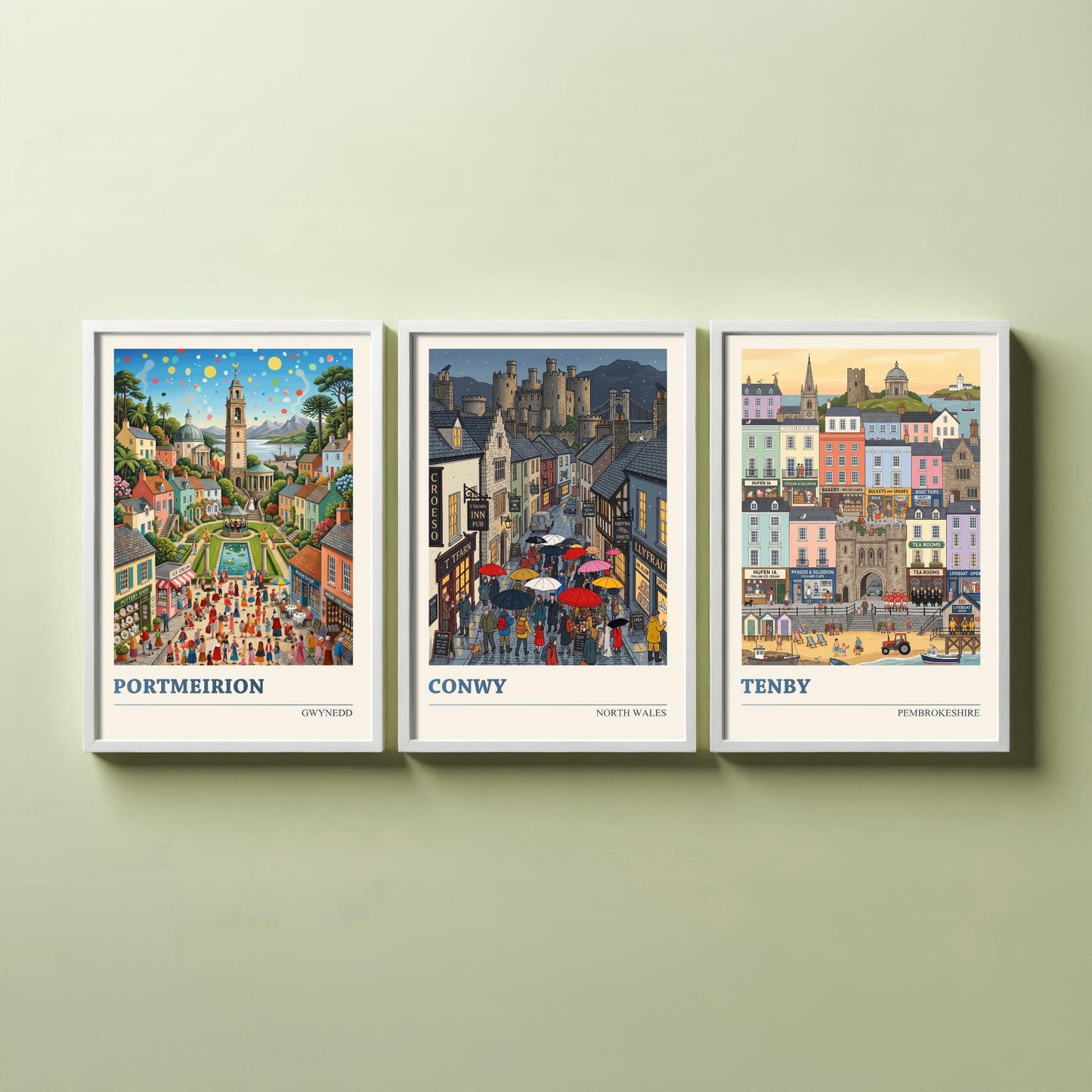Welsh Coast Set of Three Art Prints - Portmeirion, Conwy, Tenby - 3 Colourful Folk Illustration Travel Posters - Wales Painting