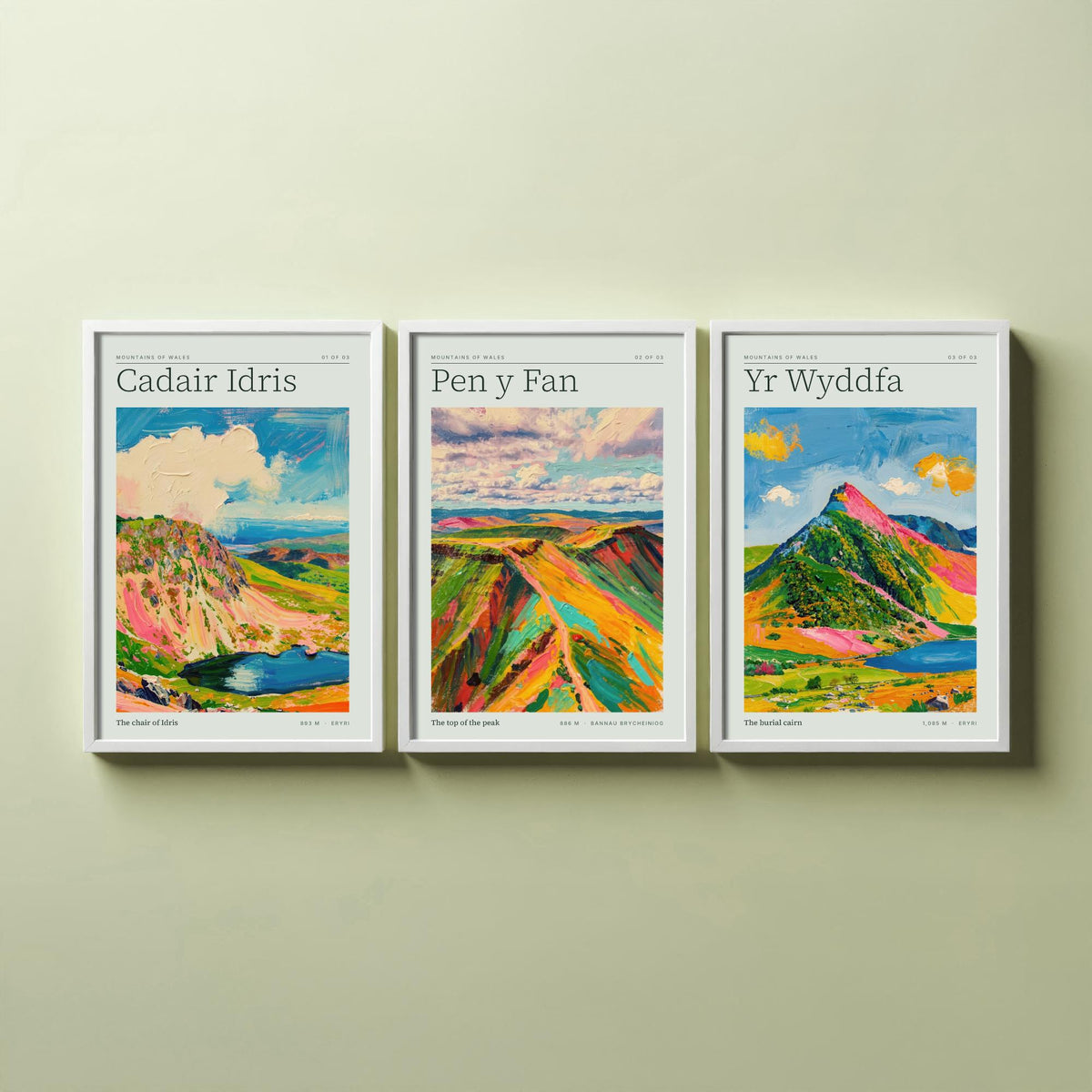 Mountains of Wales Set of Three Art Prints - Cadair Idris, Pen y Fan, Yr Wyddfa - Impasto Palette Knife Poster Illustration