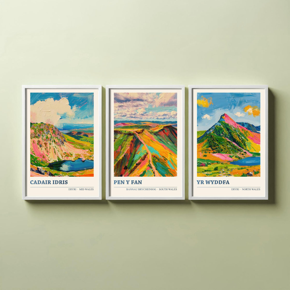 Cadair Idris, Pen y Fan and Yr Wyddfa Set of Three Art Prints - Welsh Peaks Poster - Bright Palette Knife Landscape Illustration