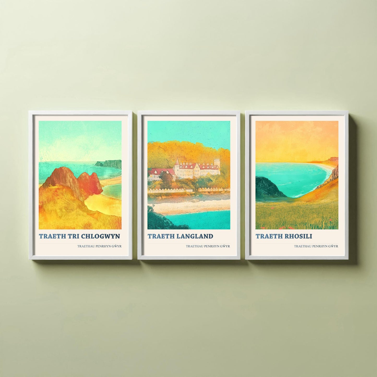 Gower Wales Beaches Set of Three Art Prints | Three Cliffs Langland Rhossili Bay | Welsh Painting Poster