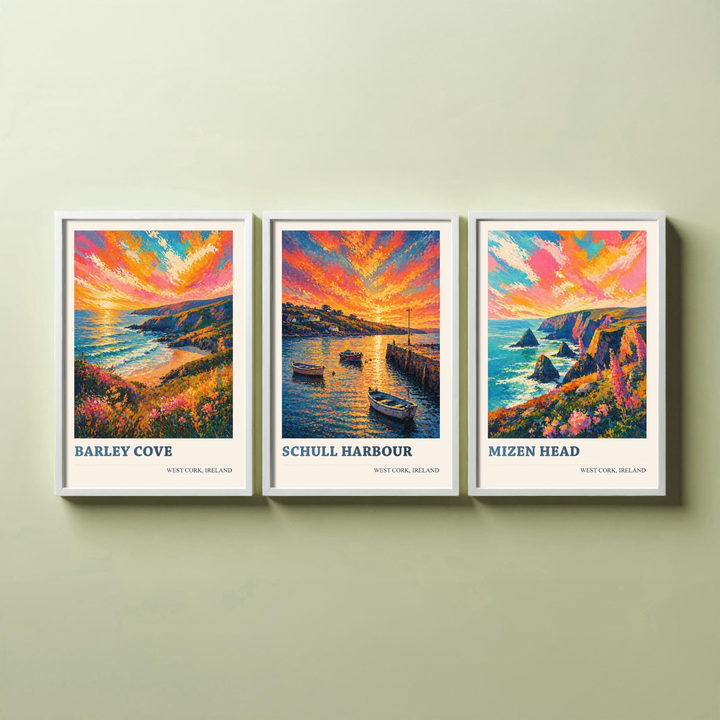 West Cork Ireland Set of Three Art Prints | Barley Cove Schull Harbour Mizen Head Painting Poster