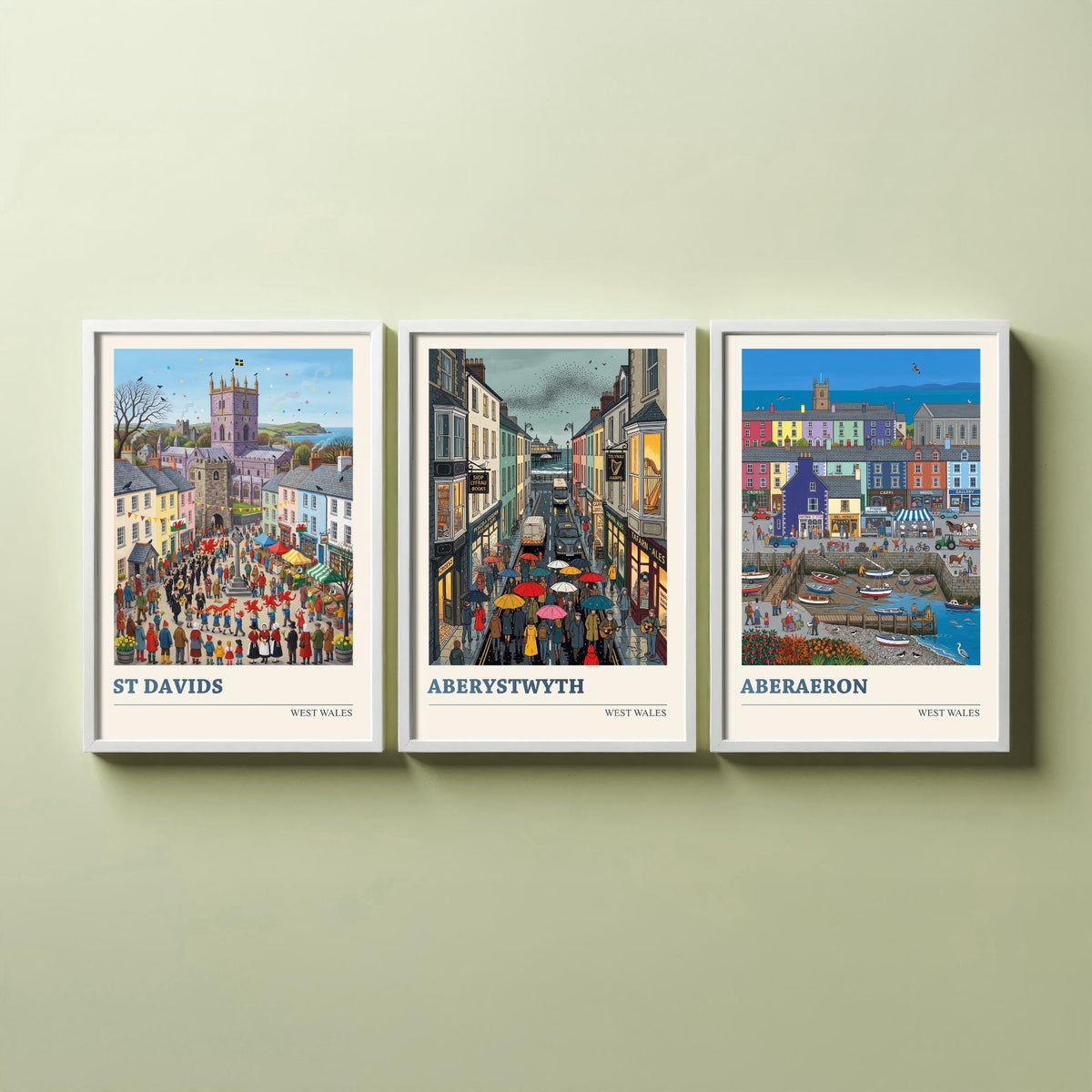 West Wales Set of Three Art Prints - St Davids, Aberystwyth, Aberaeron - 3 Colourful Folk Illustration Travel Posters - Welsh Painting