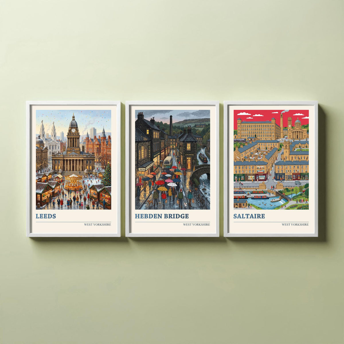 West Yorkshire Set of Three Art Prints - Leeds, Hebden Bridge, Saltaire - 3 Colourful Folk Illustration Travel Posters - Yorkshire Painting
