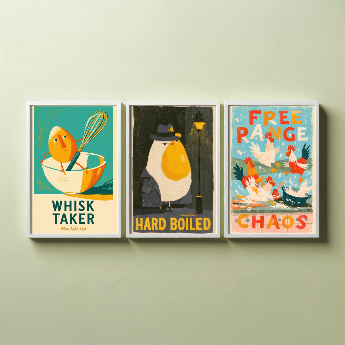 Which Came First Set of Three Art Prints - Whisk Taker, Hard Boiled, Free Range Chaos - Funny Egg Pun Kitchen Posters Illustration