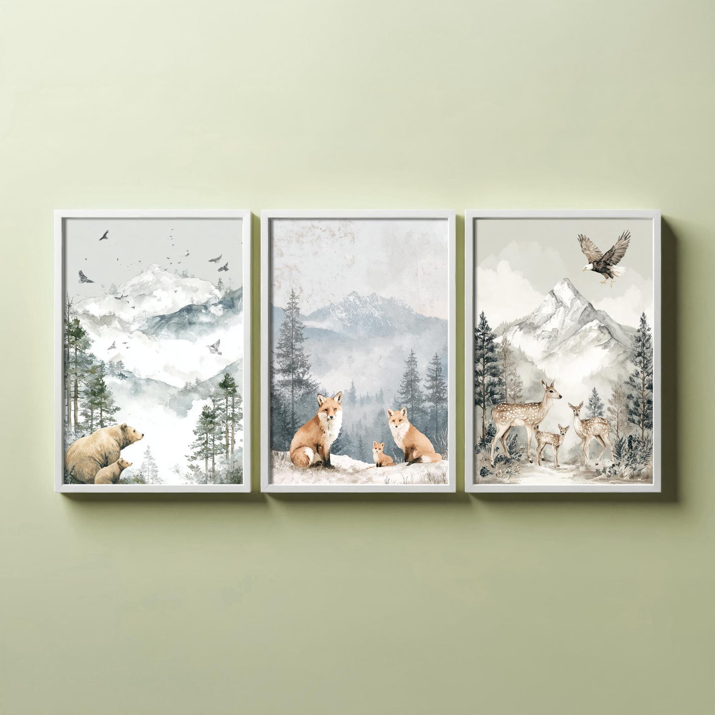 Snowy Mountain Animals Set of Three Art Prints | Bears Foxes Deer Wildlife Watercolour Poster