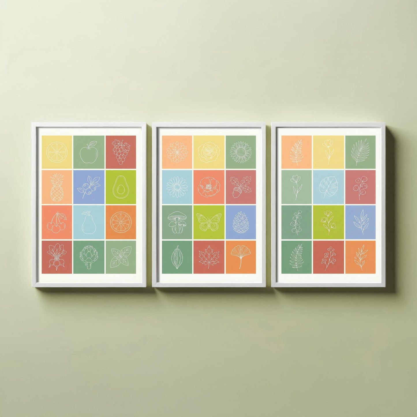 Fruits and Botanical Squares Set of Three Art Prints | Kitchen Illustration Poster