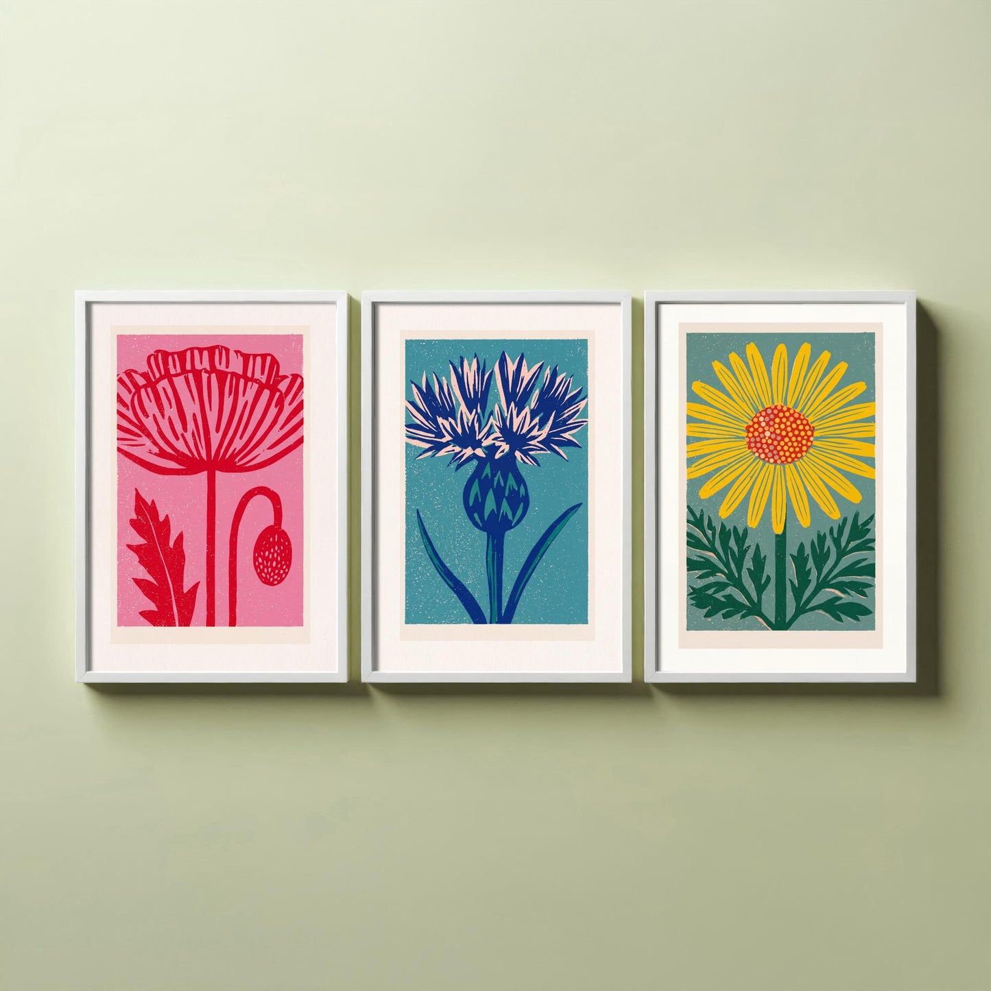 Poppy Thistle Daisy Set of Three Art Prints - Bold Linocut Wildflower Trio - 3 Colourful Meadow Illustrations - Flower Market Poster
