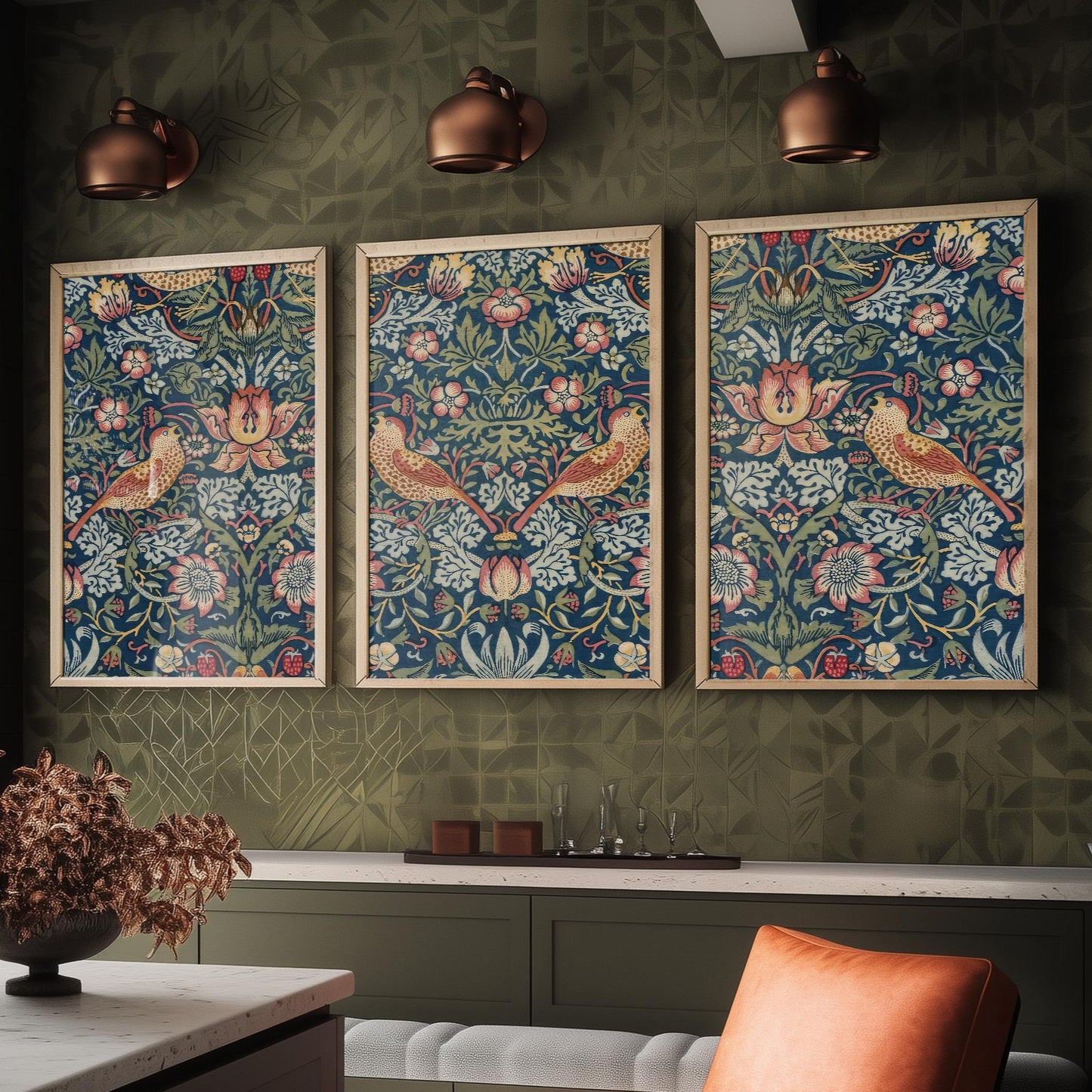 Set of Three Strawberry Thief Prints - William Morris Tapestry Triptych - 3 Paintings Photo Poster Wall Art