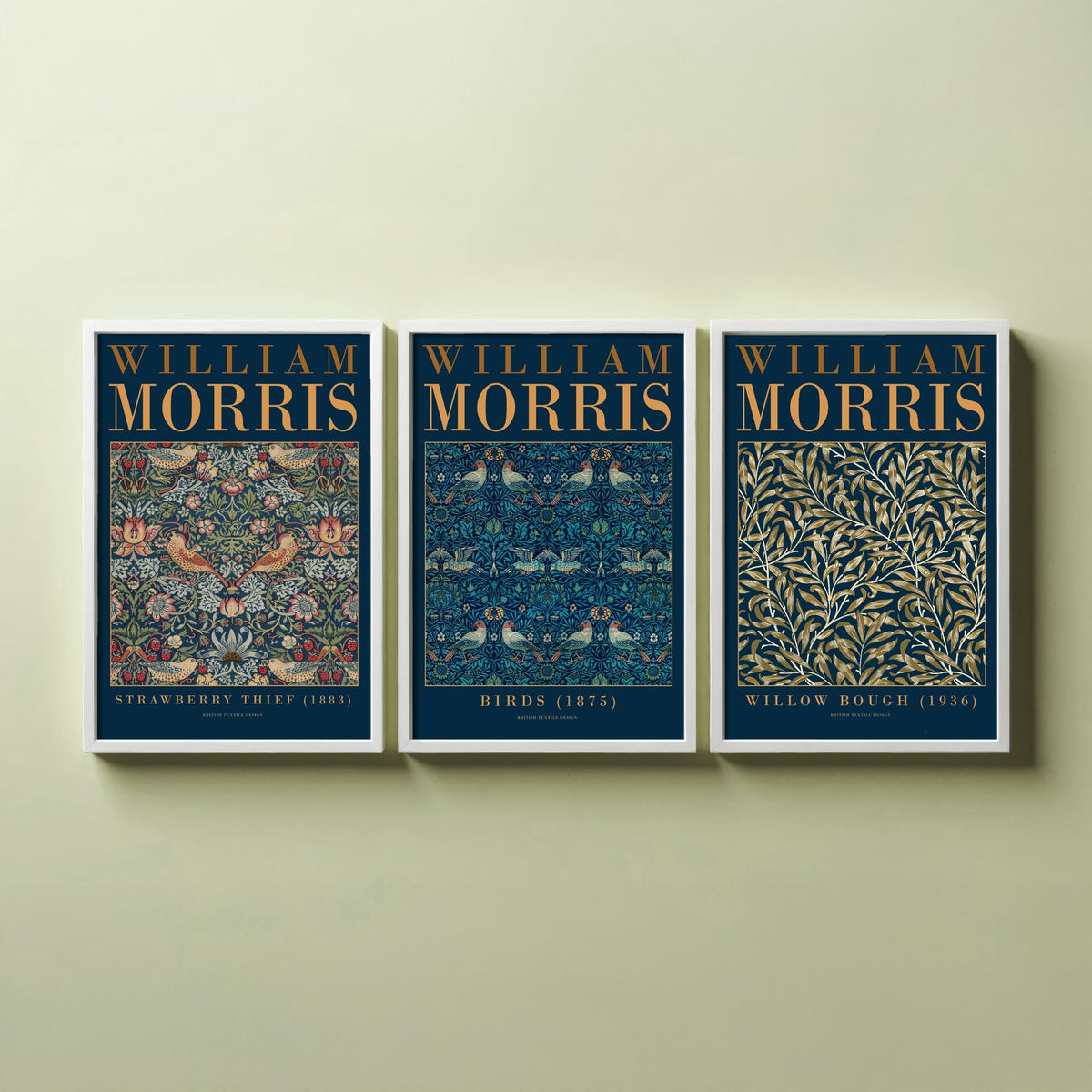 William Morris Birds Set of Three Art Prints - Strawberry Thief, Willow Bough - Teal Navy Bird Pattern Poster Illustration