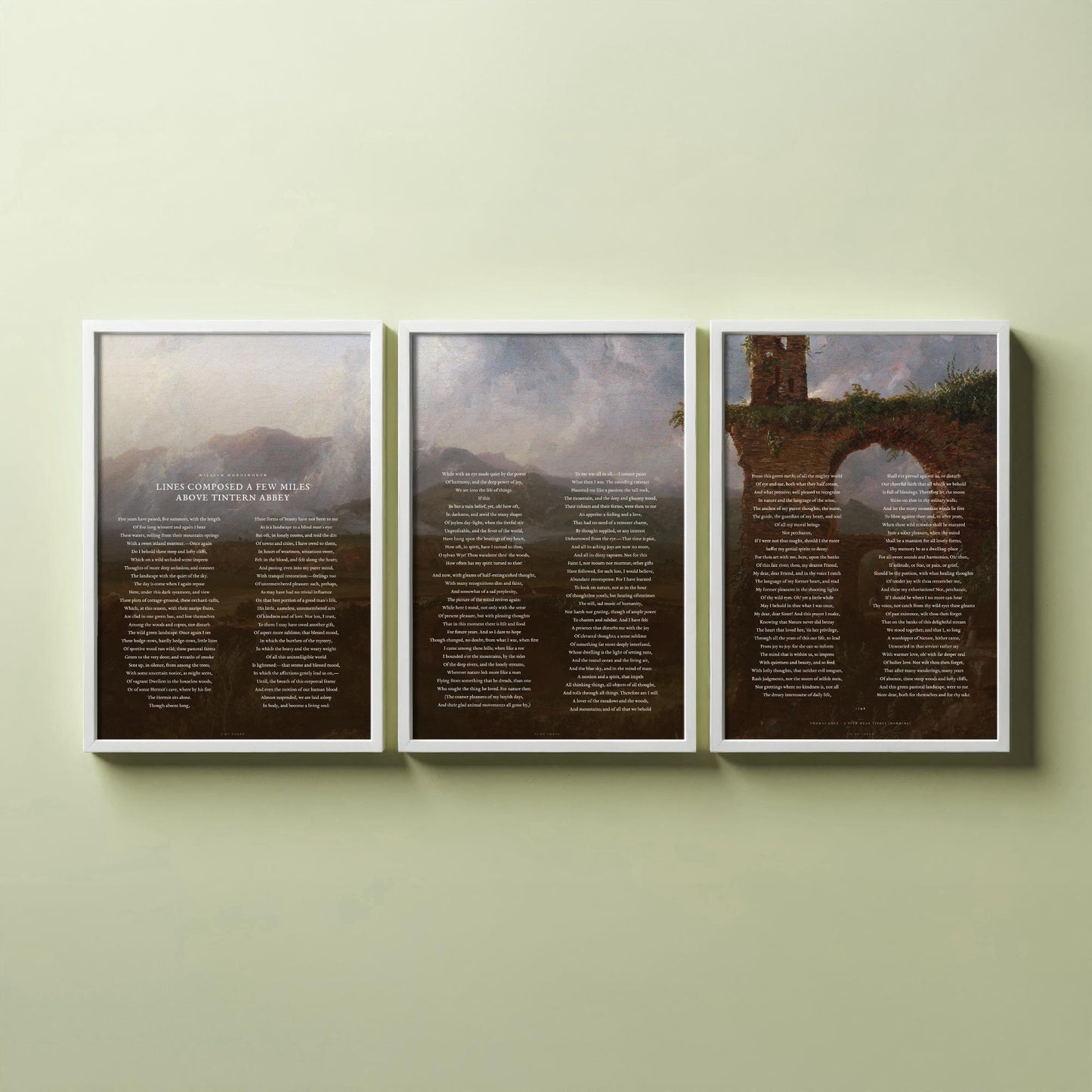 Lines Composed Above Tintern Abbey by William Wordsworth Set of Three Art Prints - Full Poem over Thomas Cole Painting - Poetry Posters