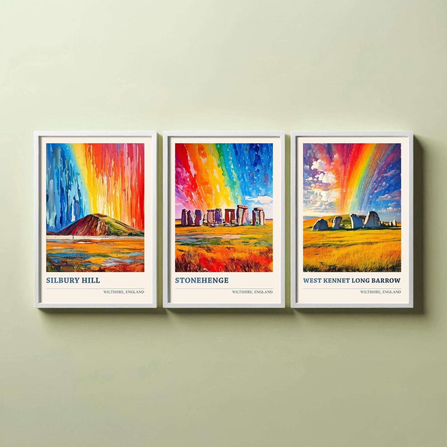 Wiltshire Heritage Set of Three Art Prints | Silbury Hill Stonehenge West Kennet Painting Poster