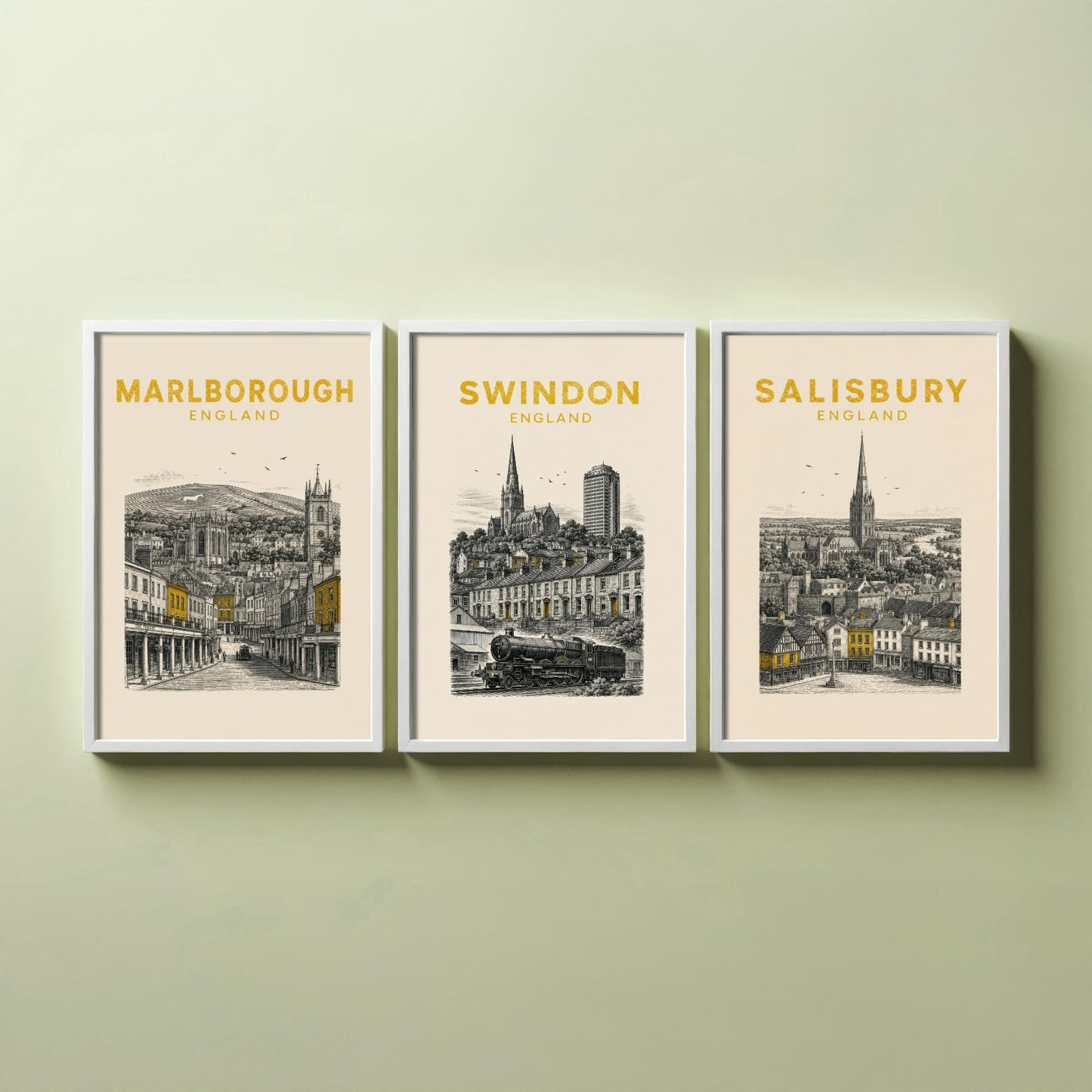 Set of Three Wiltshire Travel Posters - Marlborough, Swindon, Salisbury - Vintage Duotone Art Prints - England Illustration Gift