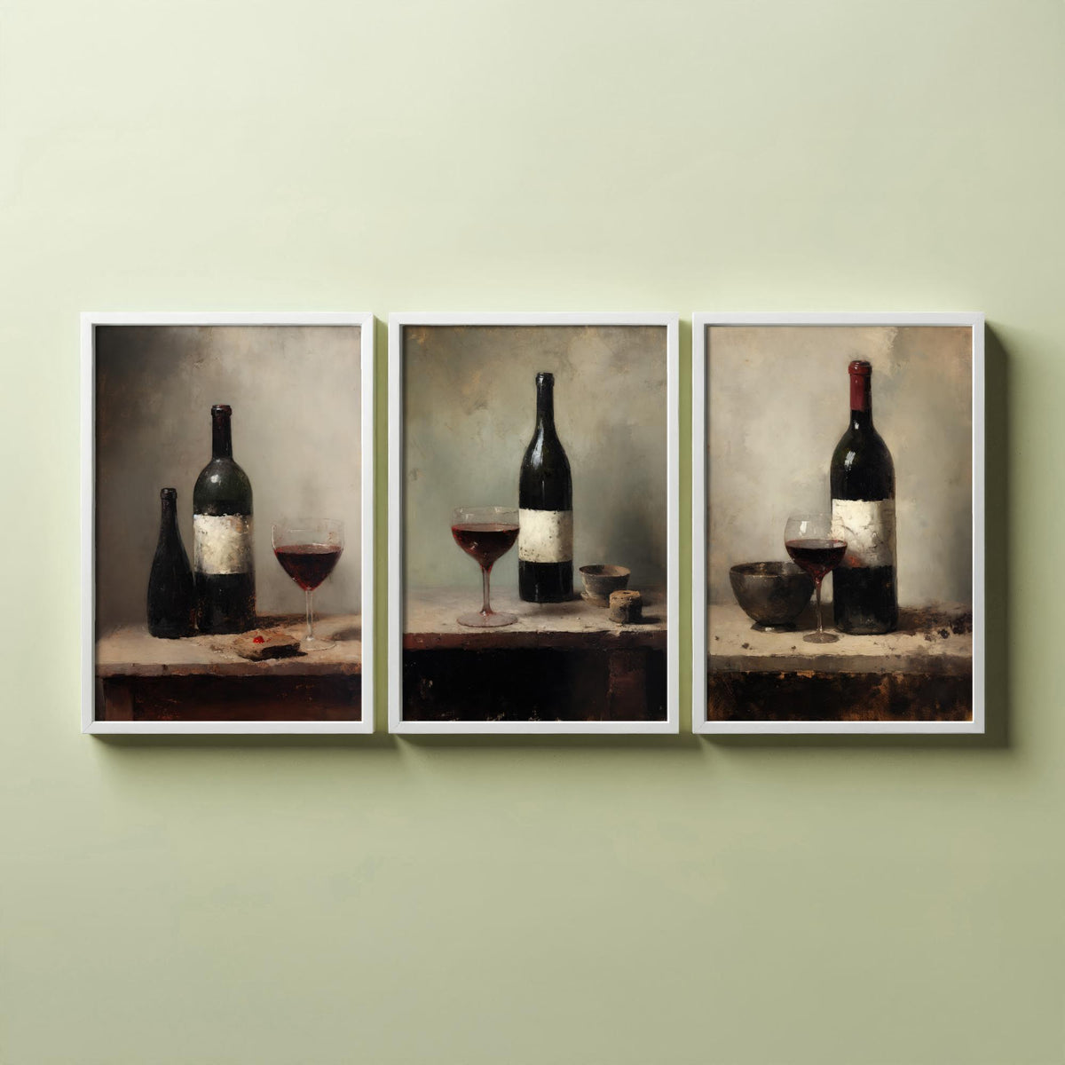 Red Wine Bottle and Glass Set of Three Art Prints - Dark Rustic Still Life Poster - Old Master Style Kitchen Illustration