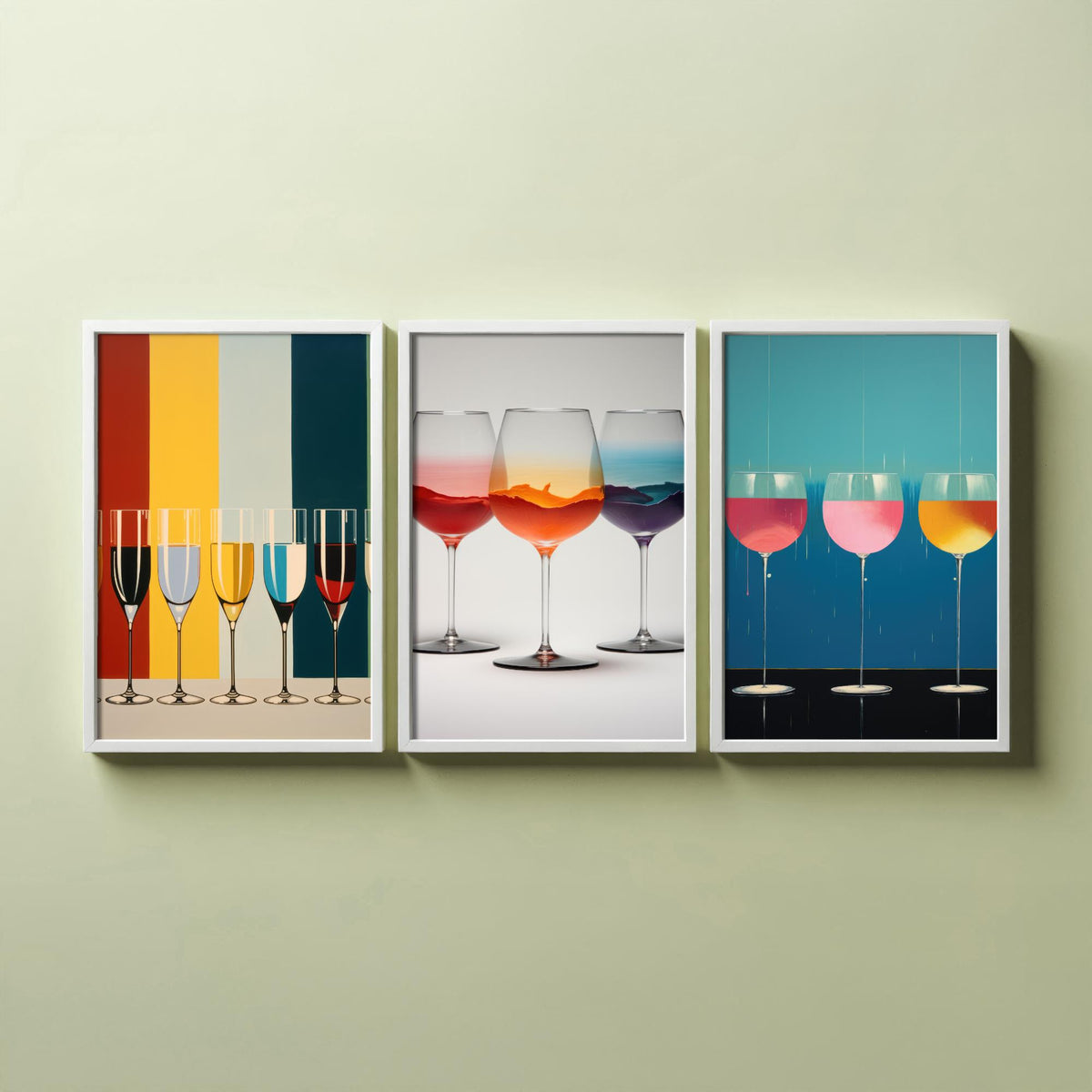 Colourful Wine Glasses Set of Three Art Prints - Striped Champagne Flutes, Sunset Swirl, Pink Drip Glasses - Pop Art Poster Illustration