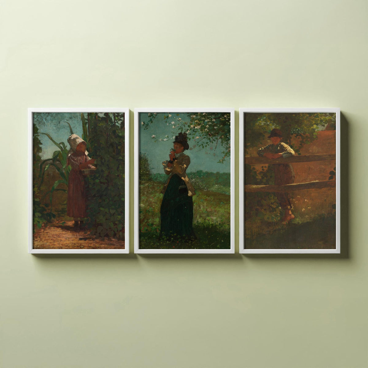 Winslow Homer Set of Three Art Prints - Sunbonnet Girl in the Garden, Lady with Blossom, Farm Boy at the Fence - American Painting Poster