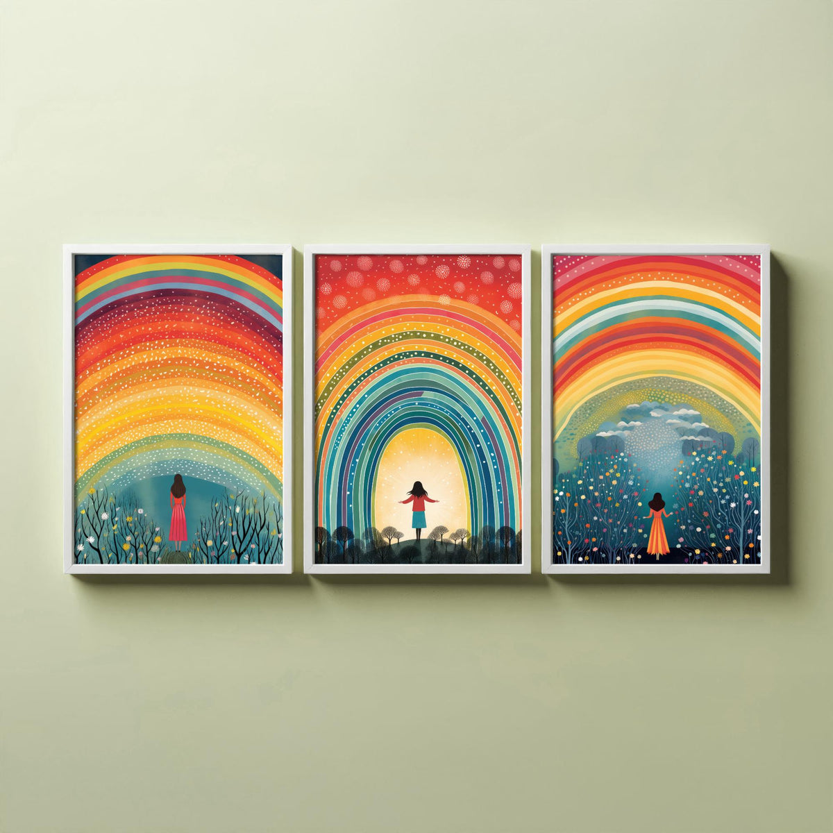 Rainbow Woman Set of Three Art Prints - Girl Under Dotted Rainbow, Open Arms in the Arch, Wildflower Wood - Folk Illustration Poster