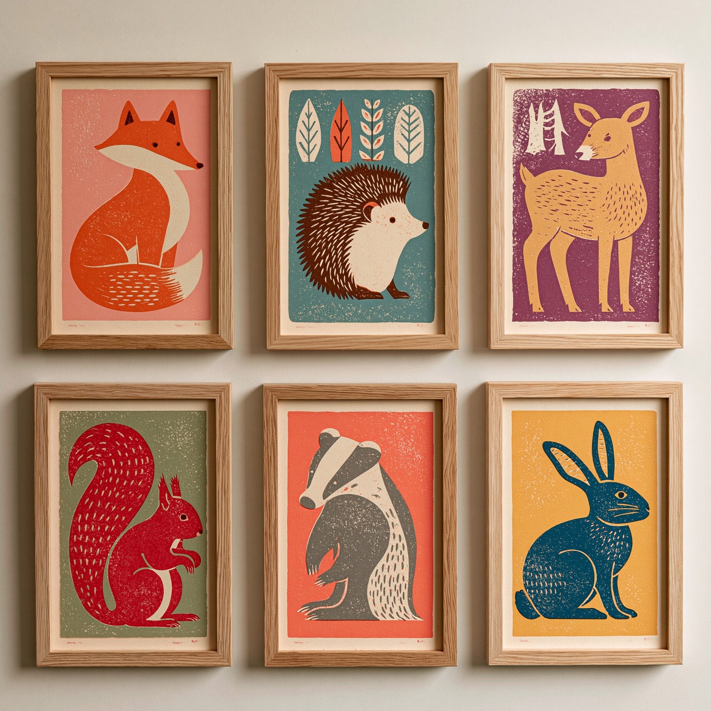 Set of Six Woodland Animal Linocut Art Prints - 6 Folk Illustrations - Fox, Hedgehog, Deer, Squirrel, Badger, Hare - Poster