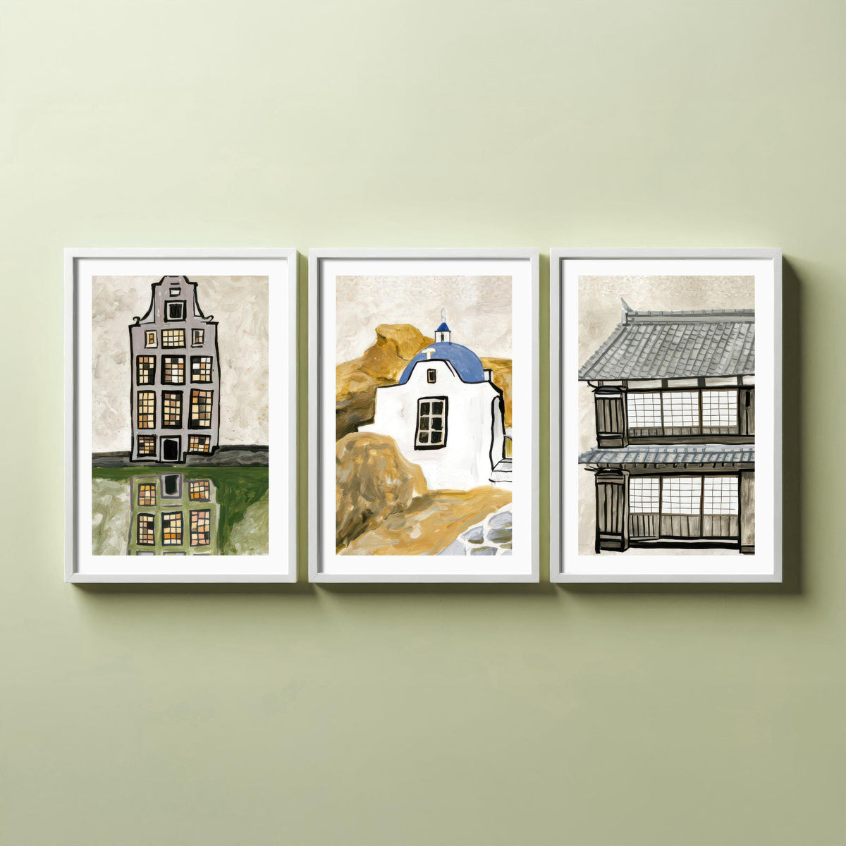 Amsterdam Canal House, Greek Chapel & Japanese Townhouse Set of Three Art Prints - World Architecture Gouache Style Poster Illustration V1