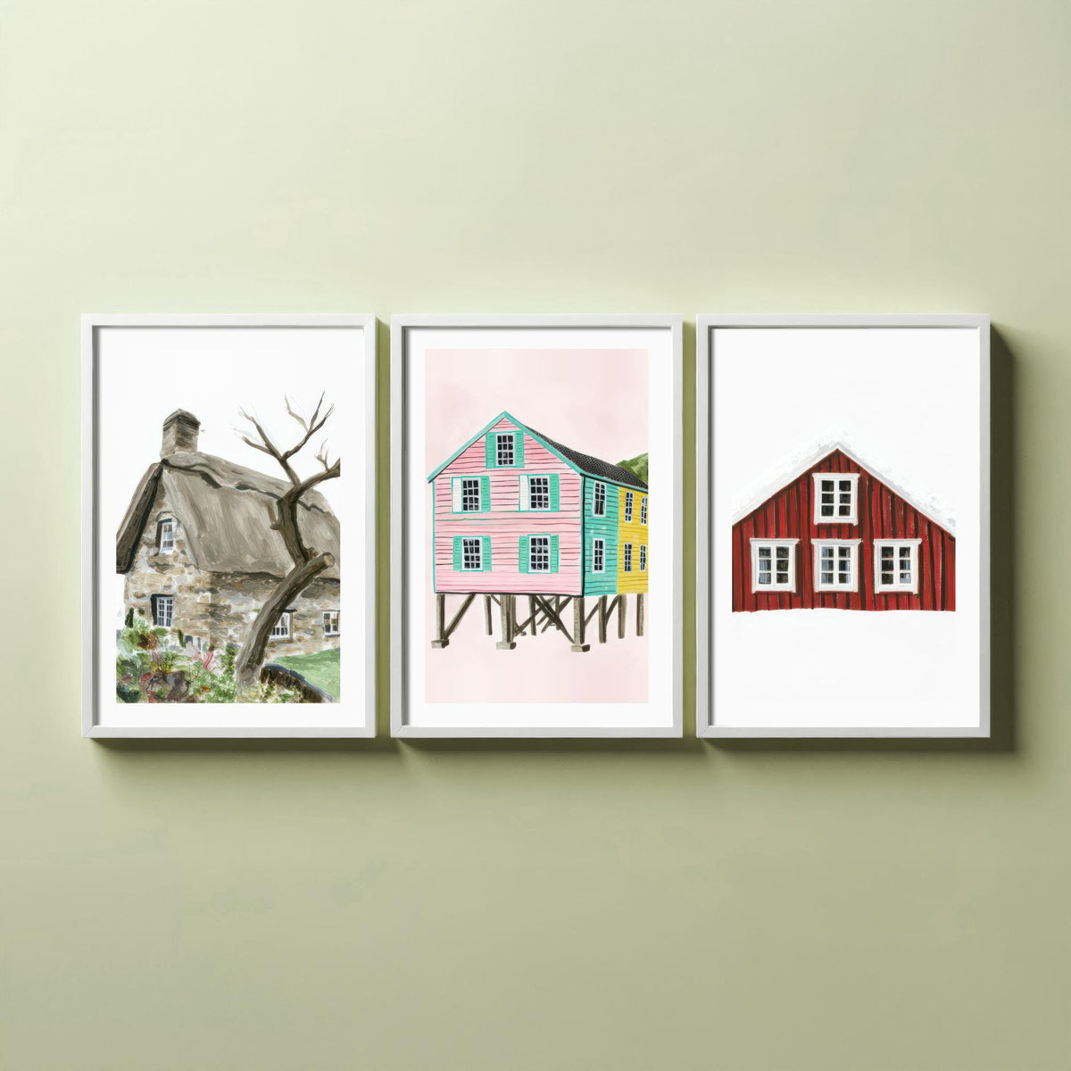 Thatched Cottage, Pink Stilt Houses & Red Nordic House Set of Three Art Prints - Painterly Gouache Homes Poster Illustration V2