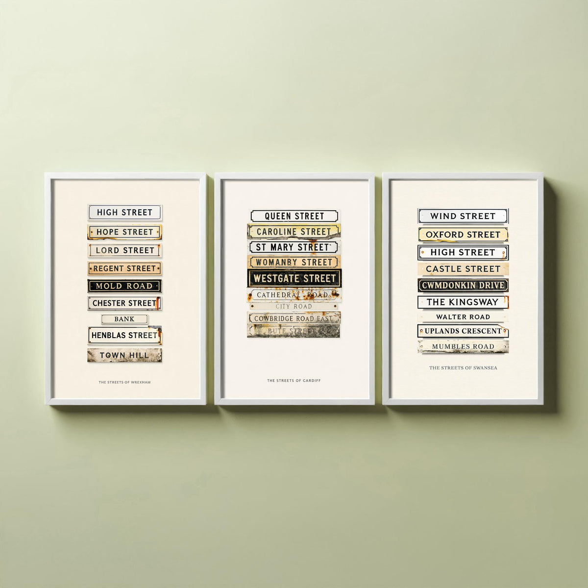 Wales Set of Three Art Prints - Wrexham, Cardiff and Swansea Street Signs - Vintage Enamel Road Plate Illustration Posters