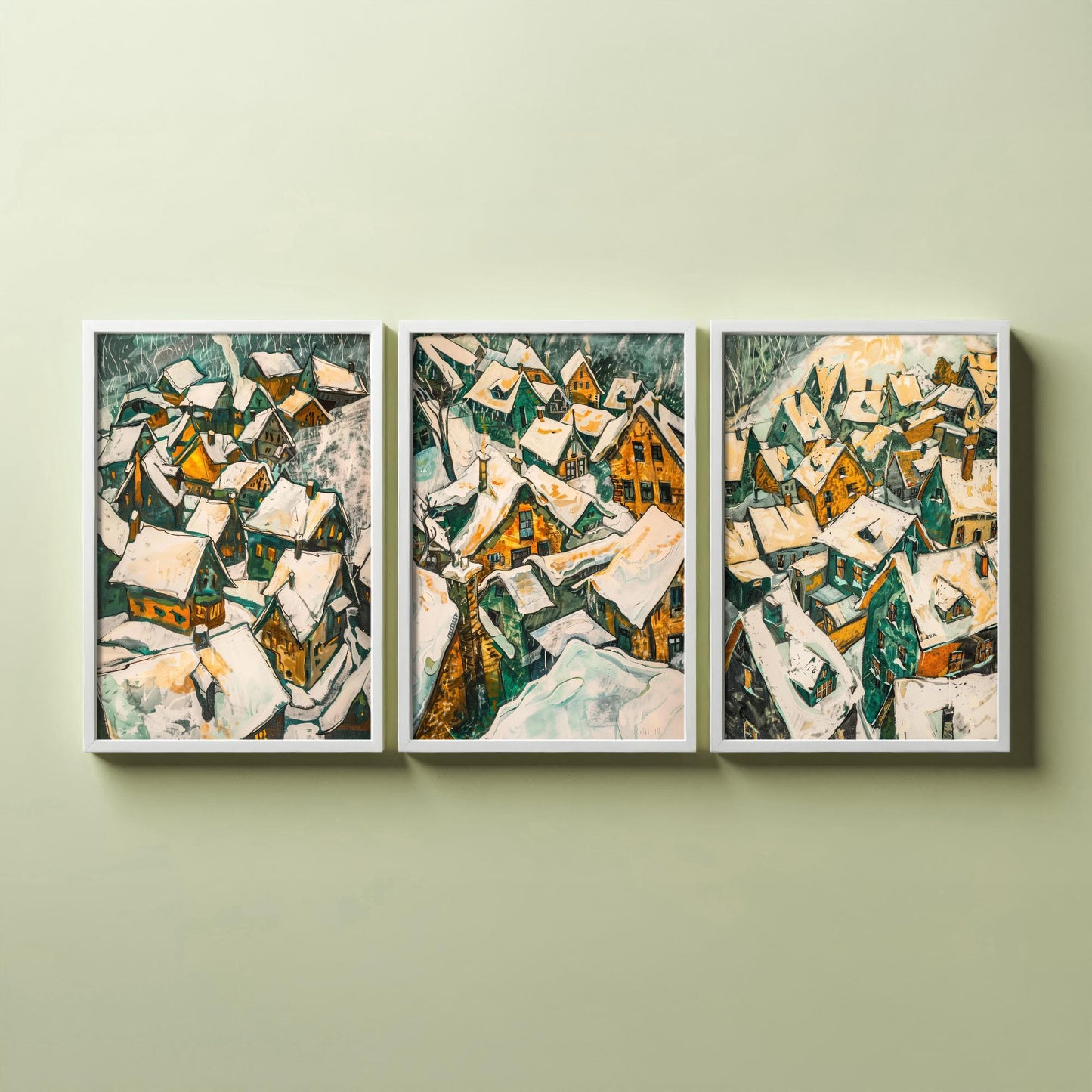 Yellow Snow Village Rooftops Set of Three Art Prints | Expressionist Painting Poster