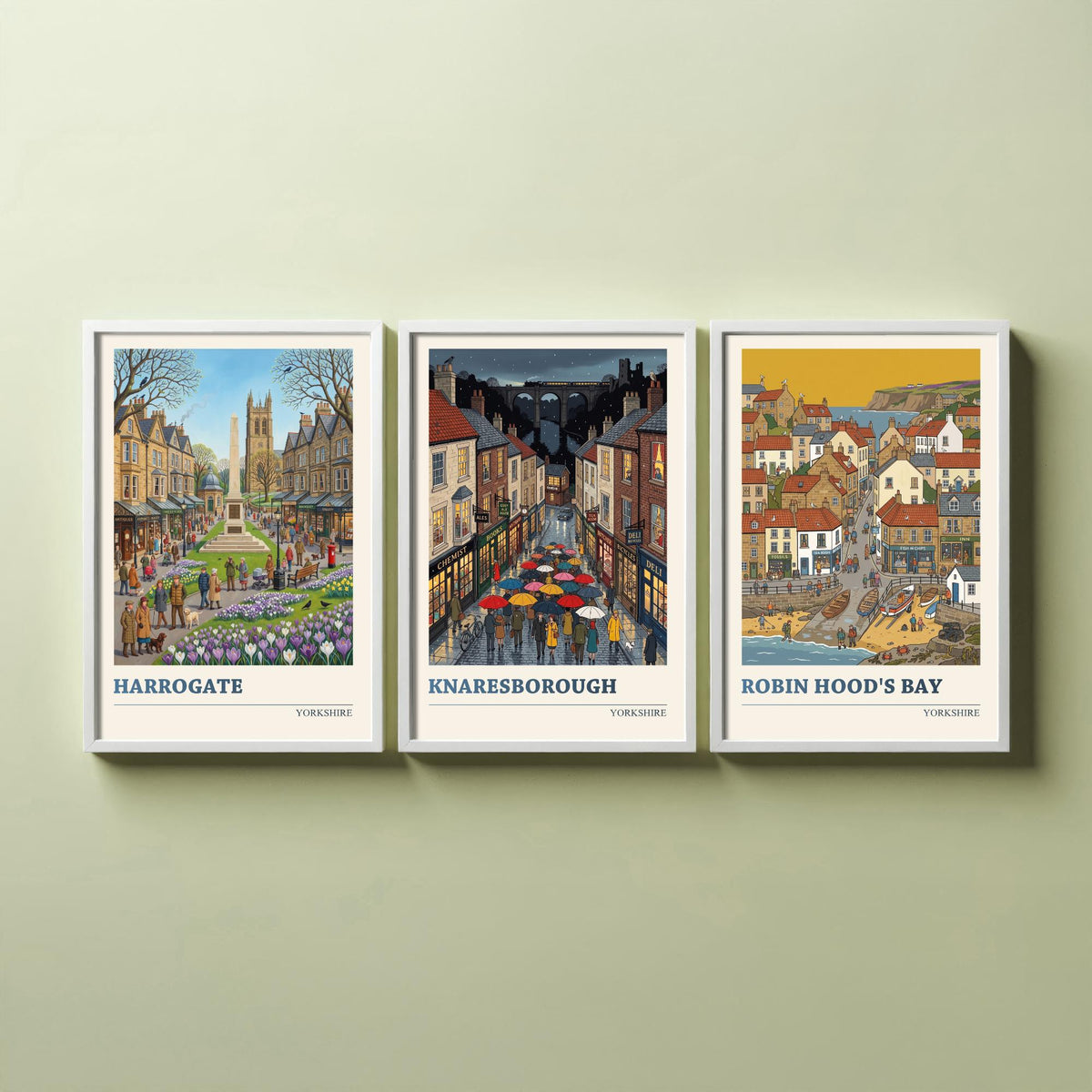 Yorkshire Set of Three Art Prints - Harrogate, Knaresborough, Robin Hood's Bay - 3 Folk Illustration Travel Posters - Yorkshire Painting