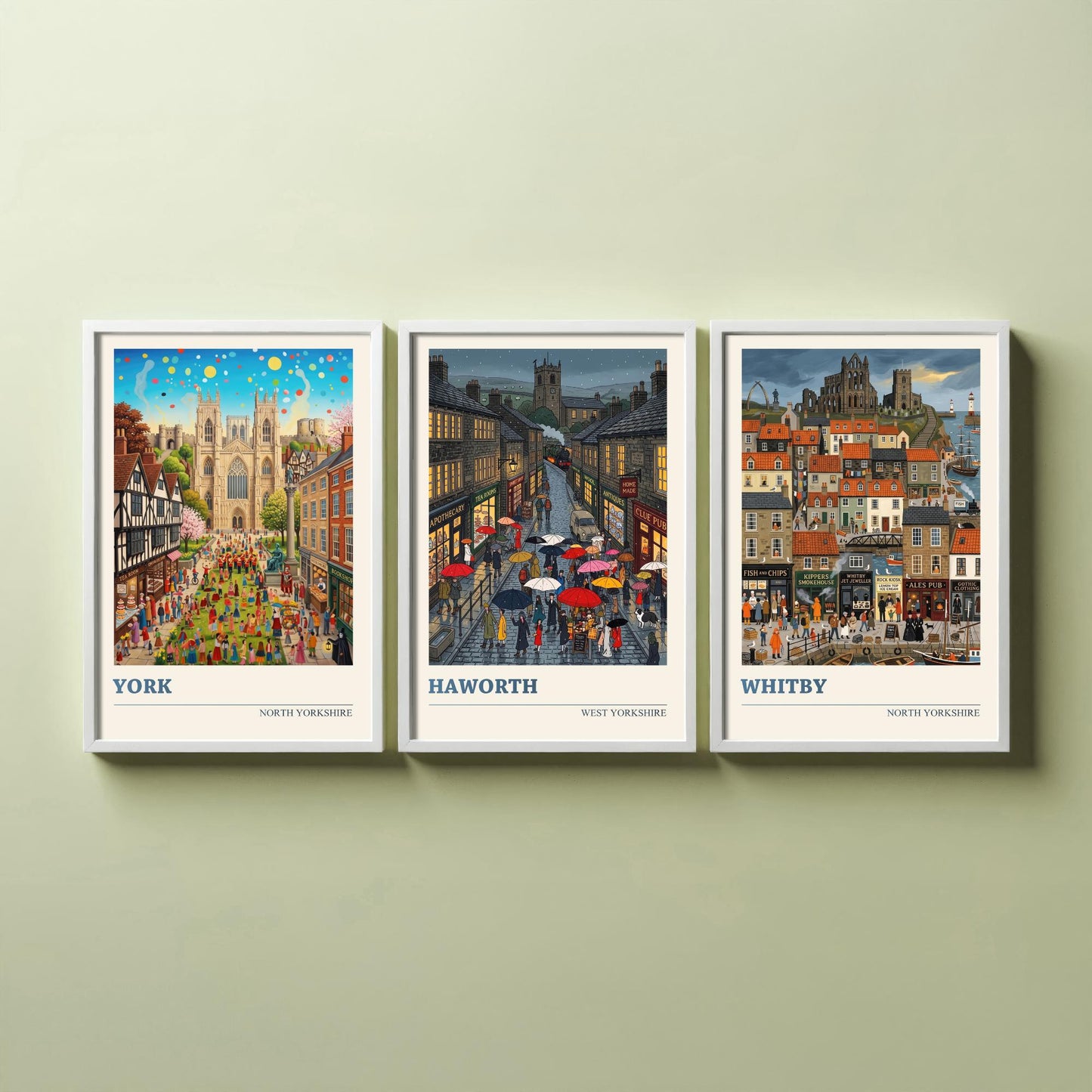 Yorkshire Set of Three Art Prints - York, Haworth, Whitby - 3 Colourful Folk Illustration Travel Posters - God's Own County Painting