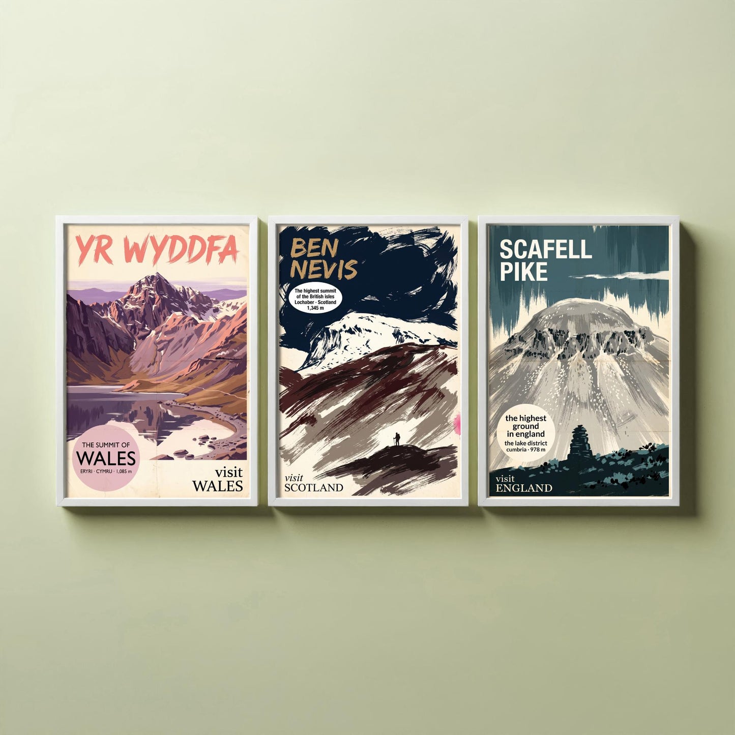 Yr Wyddfa, Ben Nevis and Scafell Pike Set of Three Art Prints - National Summits Vintage Travel Posters - Gouache Mountain Painting V2