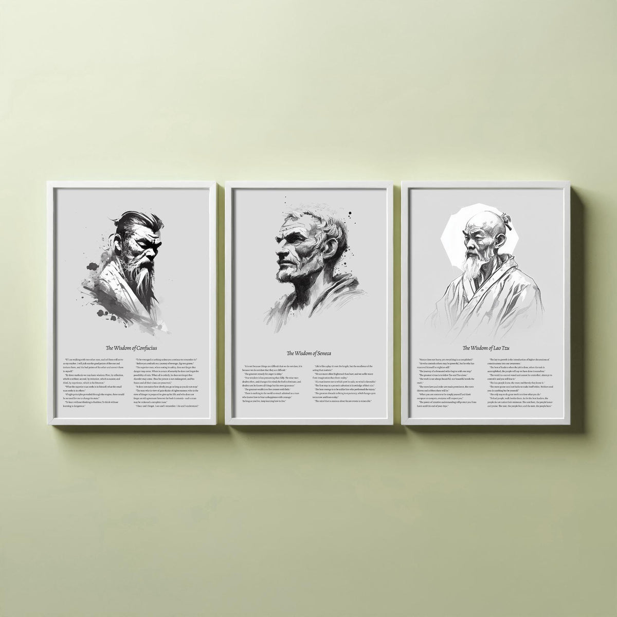 Confucius, Seneca and Lao Tzu Set of Three Art Prints - Wisdom Quotes Poster - Zen Ink Sketch Drawing
