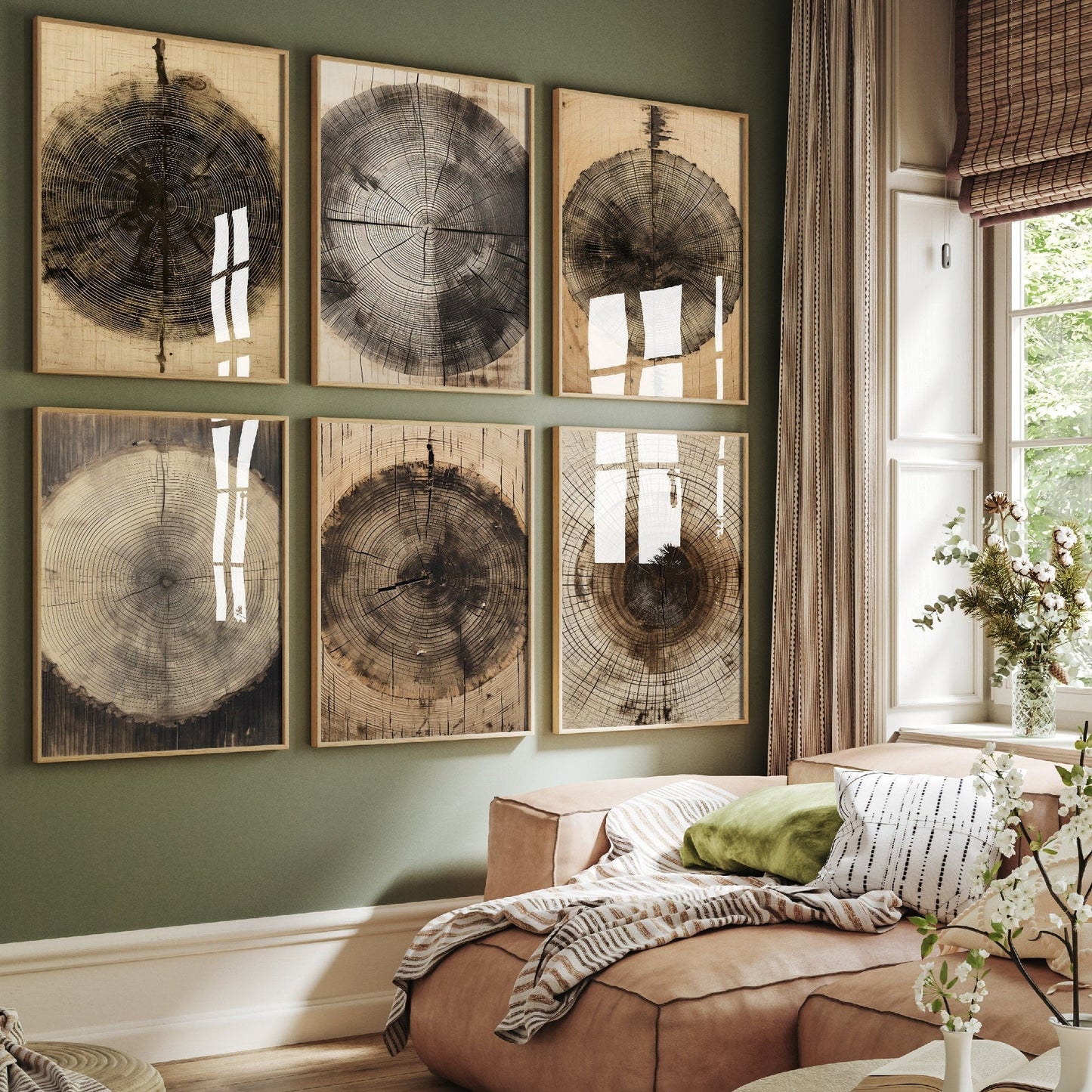 Set of Six Tree Ring Stump Paintings - 6 Natural Pattern Art Prints - Photo Poster Wall Gift Giclée Décor, Organic Wood Wooden Aged
