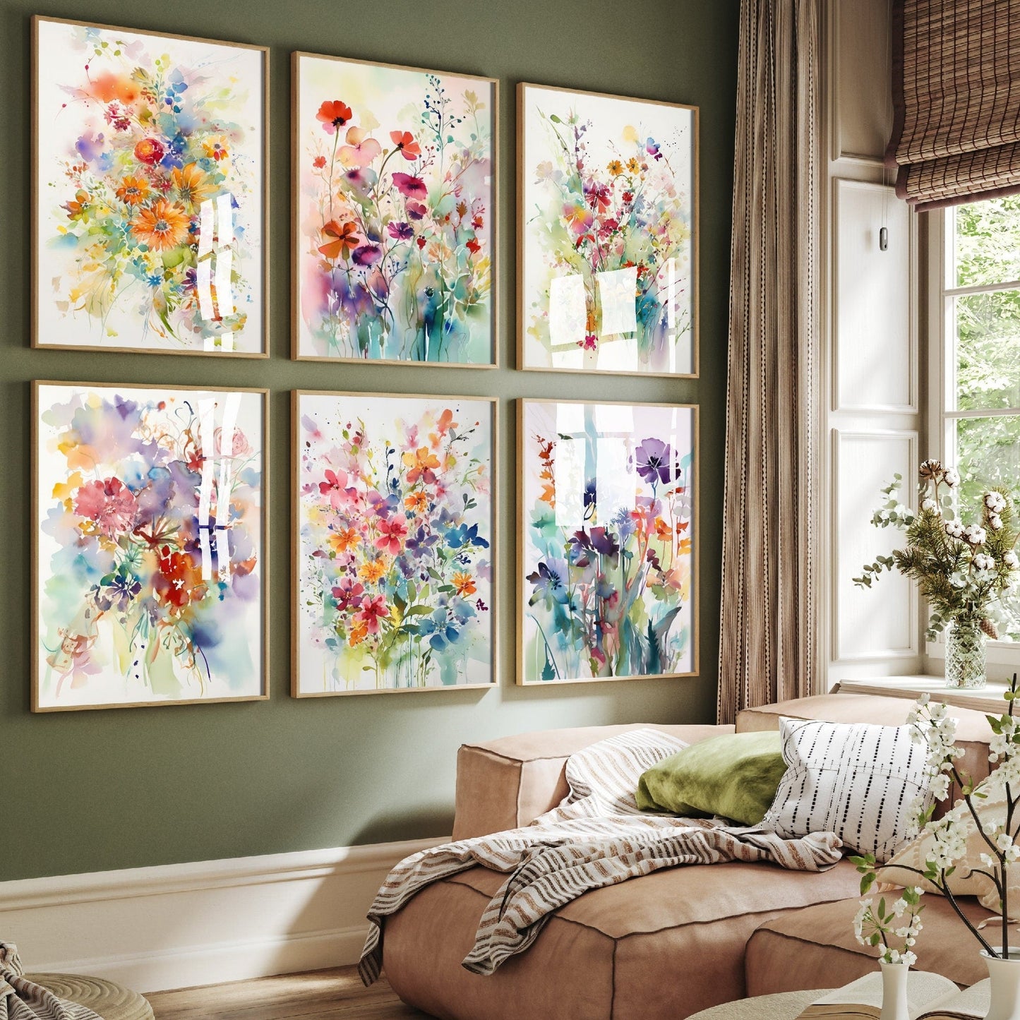 Set of Six Beautiful Floral Watercolour Prints - 6 Violet and Orange Fauna Paintings - Photo Poster Wall Art Gift Giclée Museum Botanical