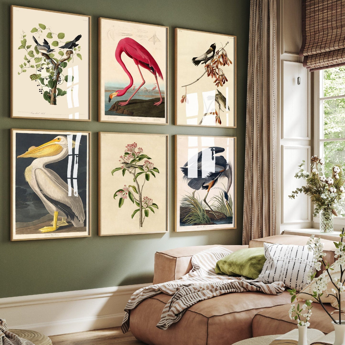 Set of Six John James Audubon Prints - 6 Classic Paintings - Poster Wall Art Giclée - Flamingo, American White Pelican, Great Blue Heron