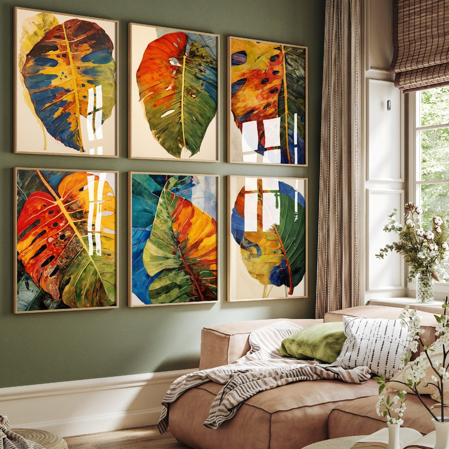 Set of Six Monstera Leaf Paintings - 6 Withered Rustic Botanical Art Prints - Photo Poster Wall Gift Giclée - Swiss Cheese Plant Nature