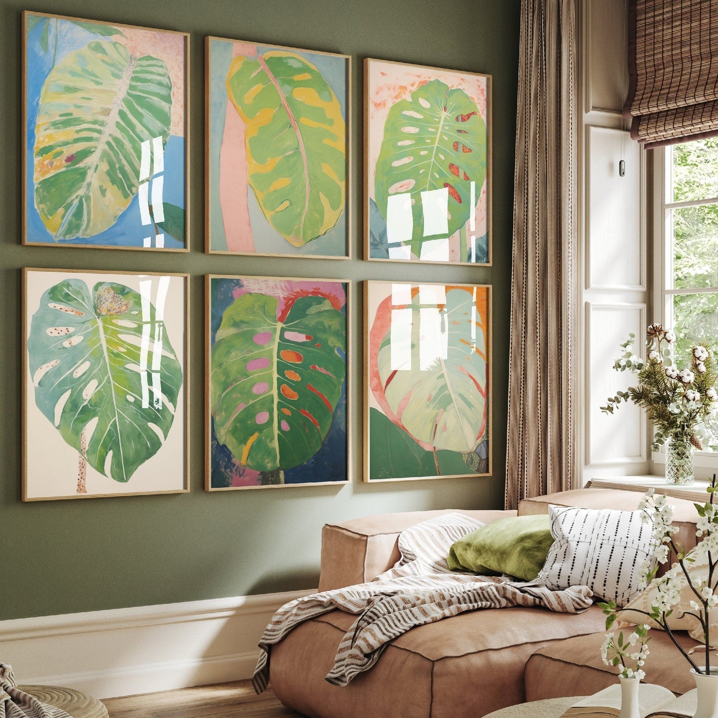 Set of Six Monstera Leaf Paintings - 6 Green Pastel Neutral Botanical Art Prints - Photo Poster Wall Gift Giclée - Swiss Cheese Plant Nature