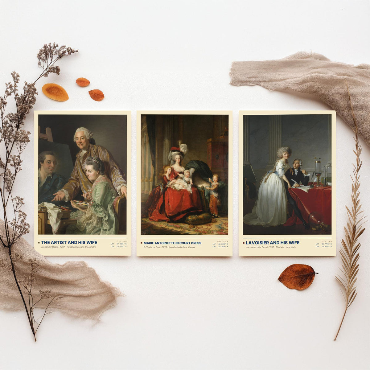French Court Set of Three Art Prints - Marie Antoinette, Lavoisier - Vigee Le Brun David Roslin Gallery Posters - Rococo Paintings
